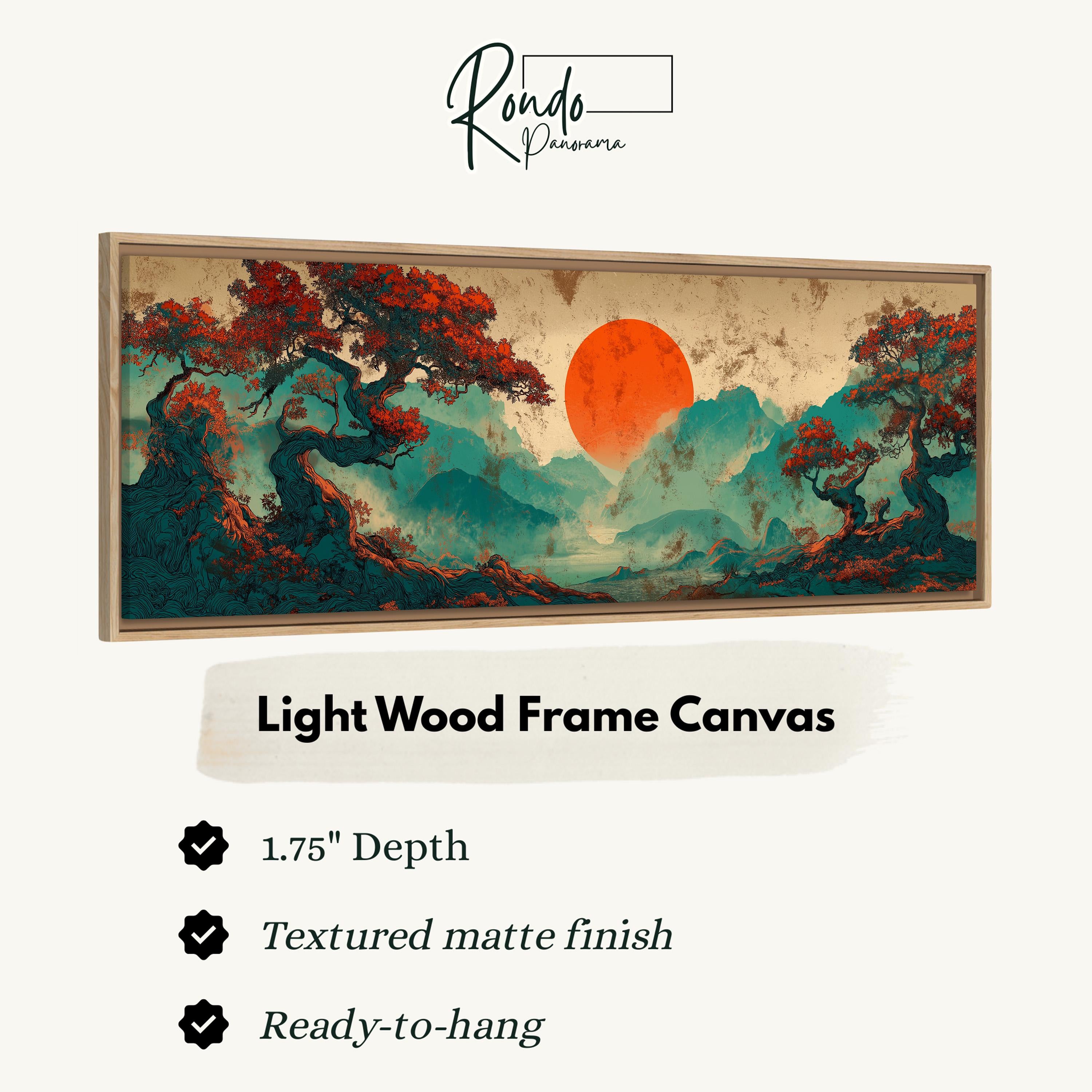 The image is a light wood frame canvas depicting a landscape with a red sun in the sky, surrounded by trees and mountains.