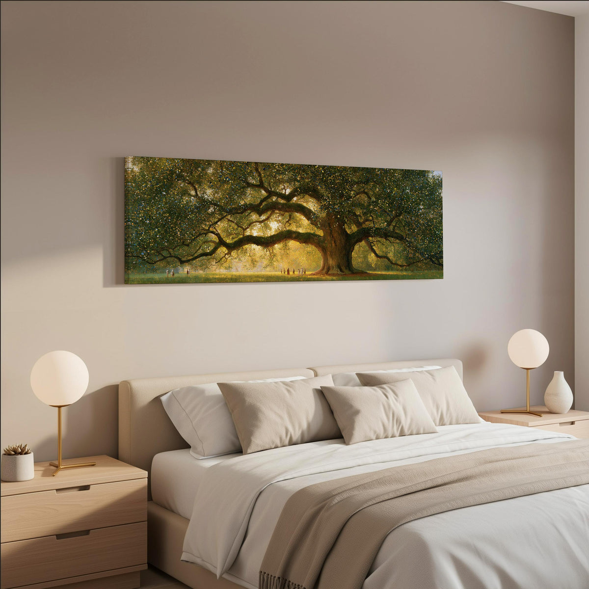 Golden oak tree in a park wide panoramic canvas print above a bed in a neutral bedroom
