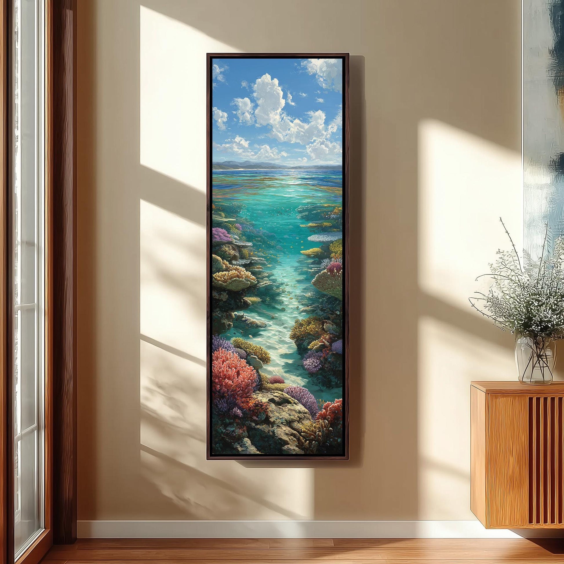 a large framed painting of a vibrant underwater scene, depicting a coral reef with colorful marine life.