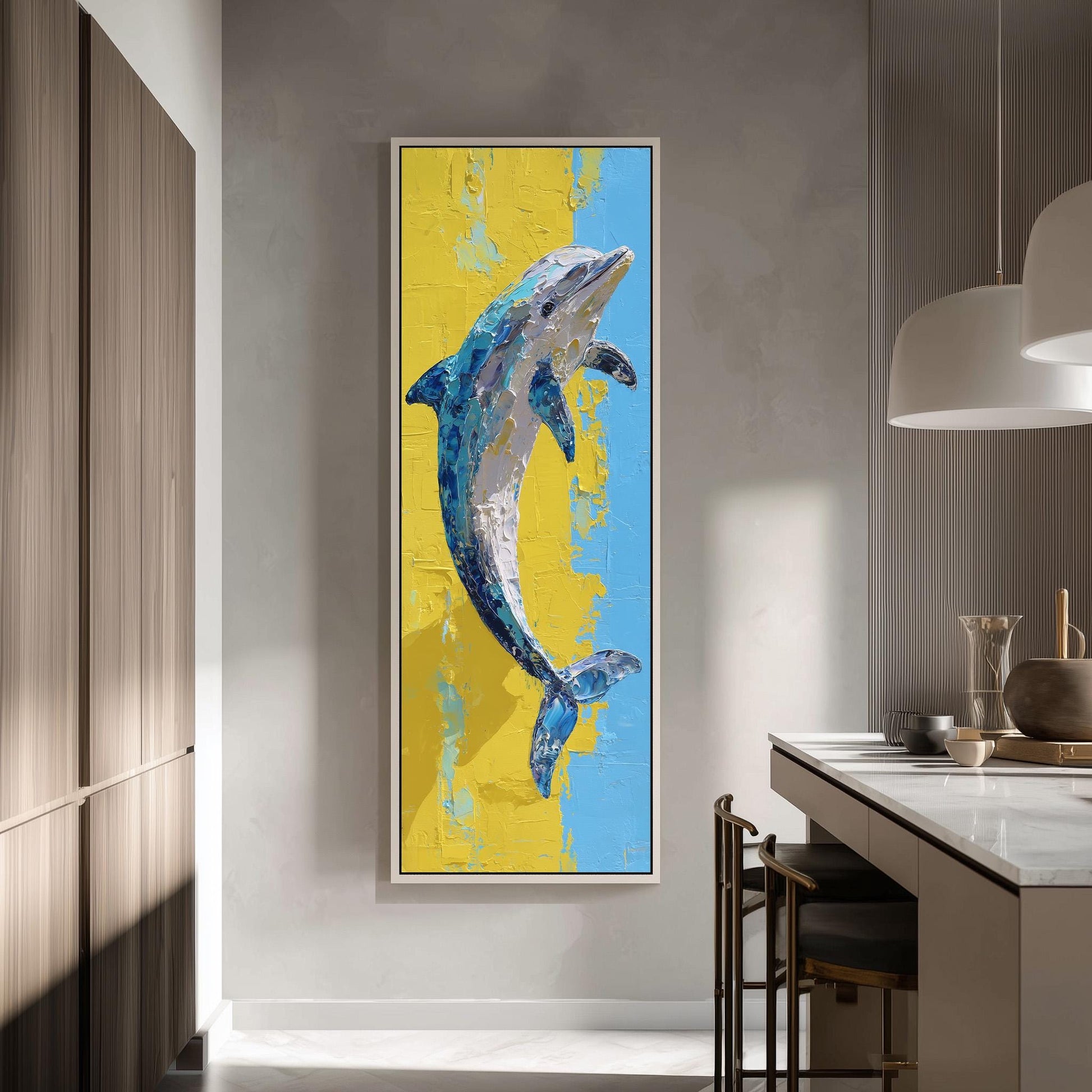 a large painting of a dolphin on a wall, with a yellow and blue background.