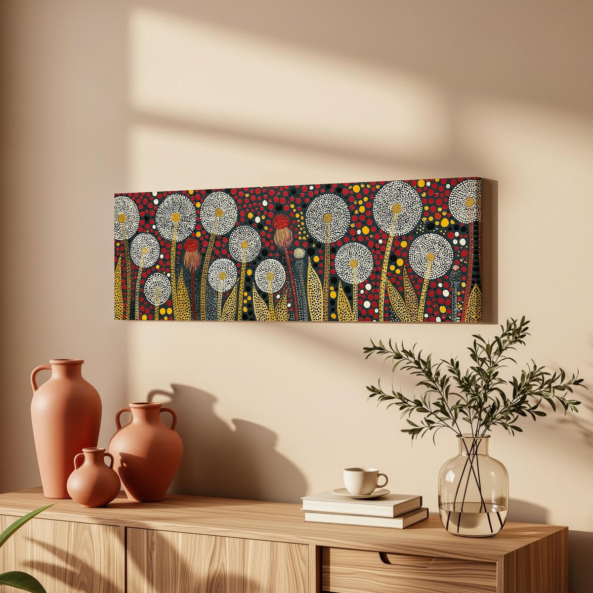 Dotted dandelions on deep red long horizontal canvas print above a wooden sideboard