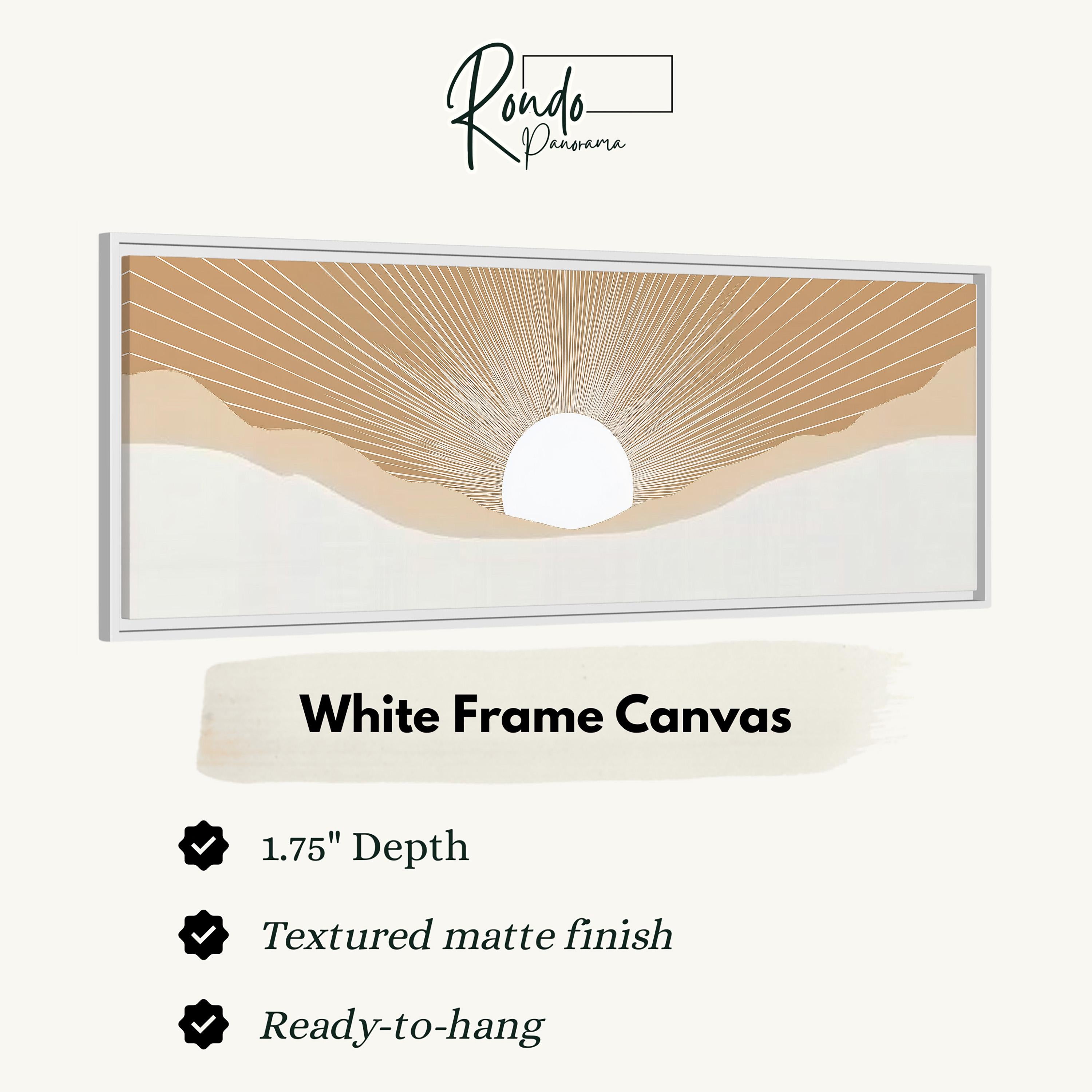 The image is a white frame canvas depicting a sunset with a sun and mountains in the background.
