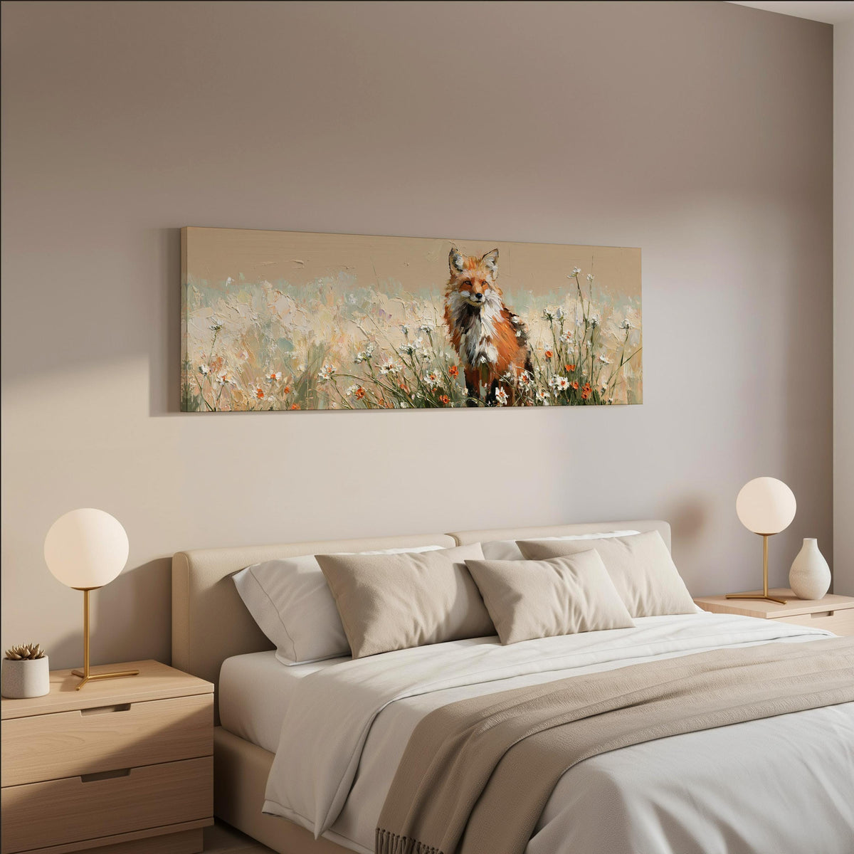 Red fox sitting among white wildflowers wide panoramic canvas print above a bed in a neutral bedroom
