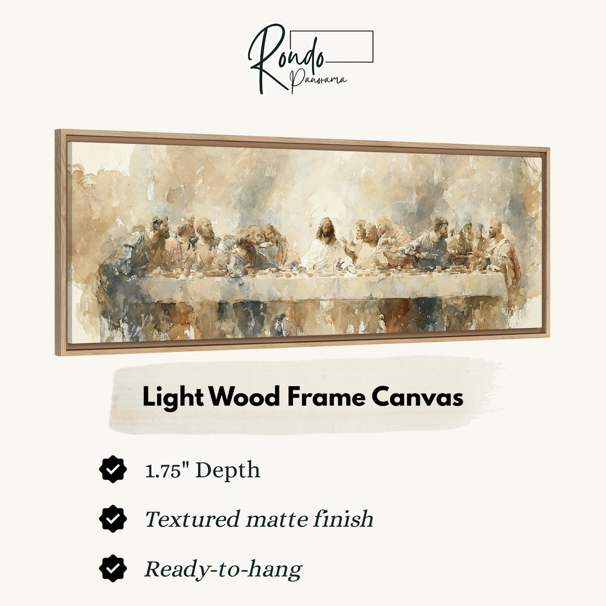 The Last Supper in soft gold tones canvas print in a light wood floating frame