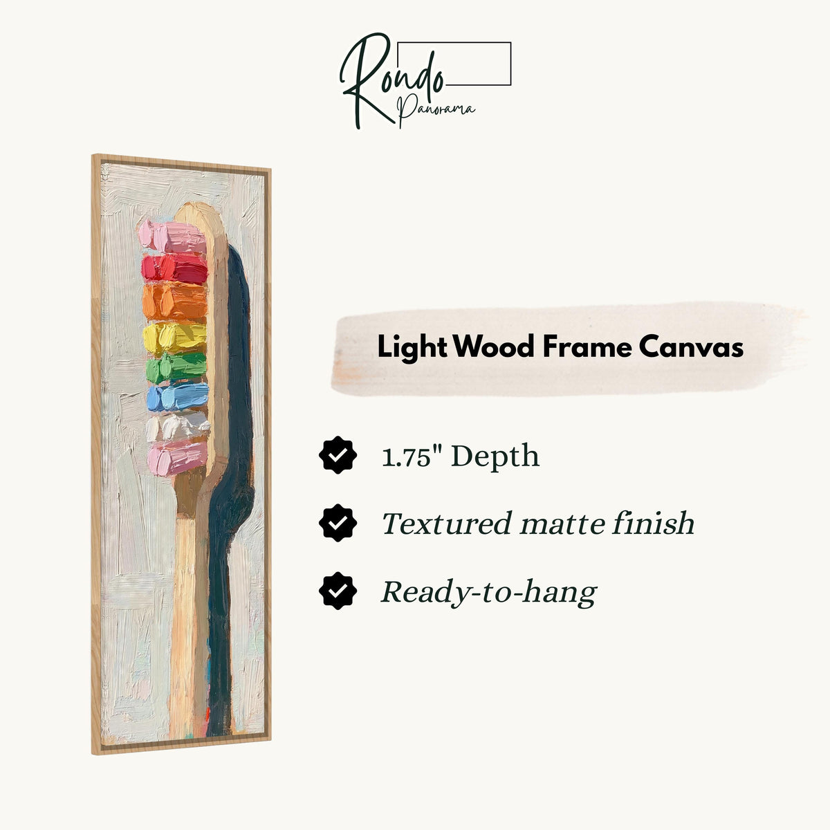 Toothbrush with rainbow toothpaste canvas print in a light wood floating frame