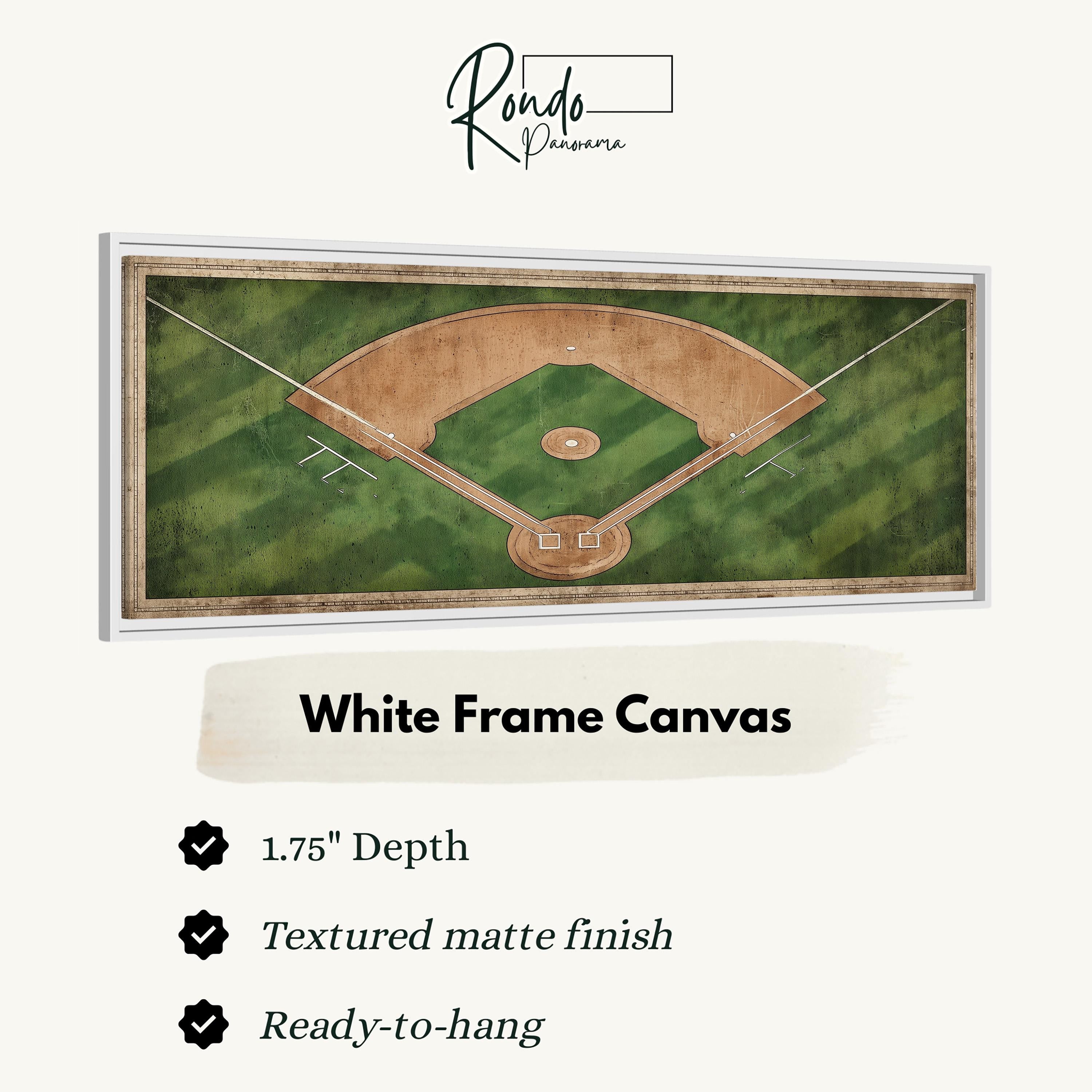 A framed canvas depicting a baseball field with a white frame.