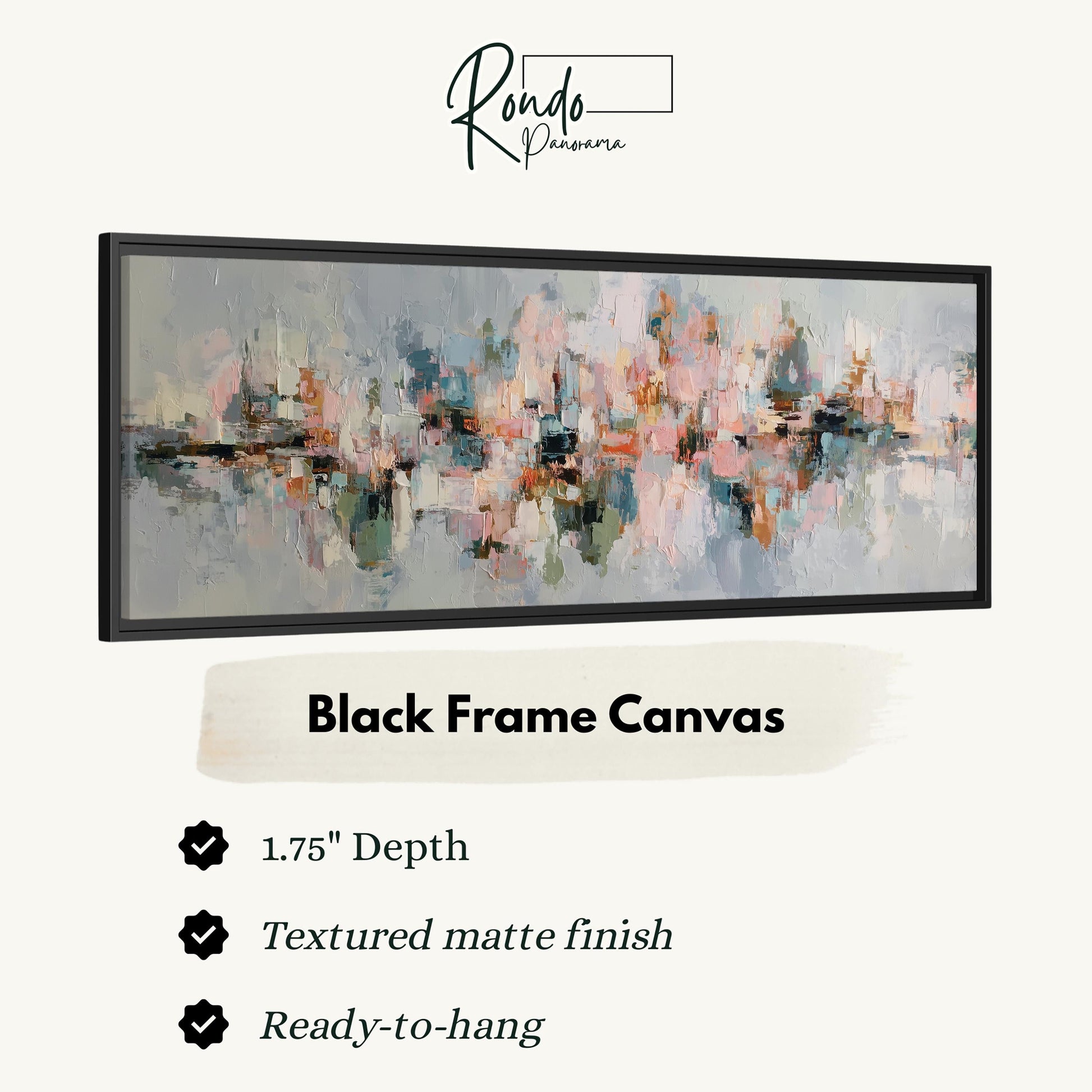 The image is a black frame canvas with a textured matte finish, measuring 1.75" in depth. It is ready to hang and has a textured matte finish.