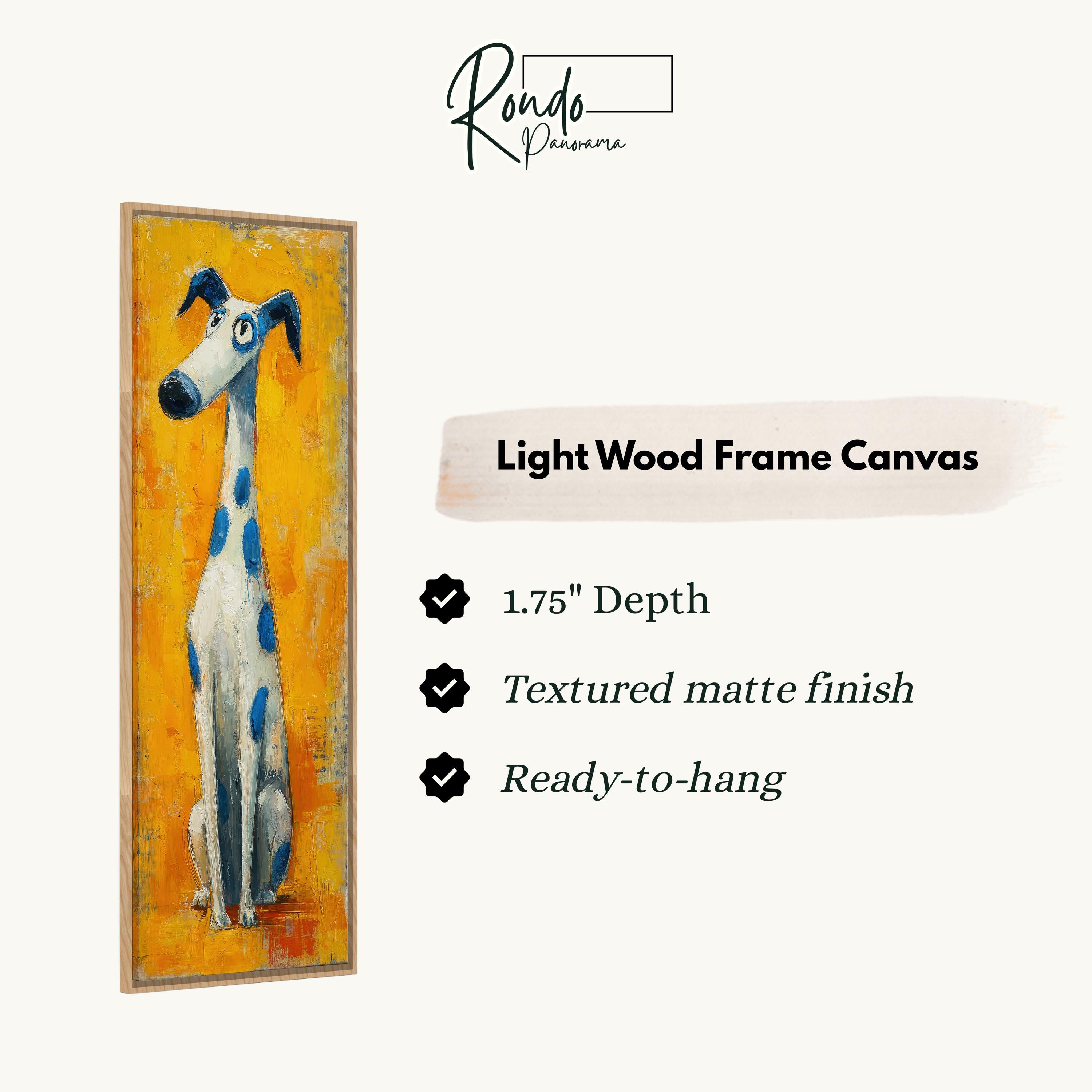 The image is a light wood frame canvas featuring a painting of a dog sitting on an orange background.