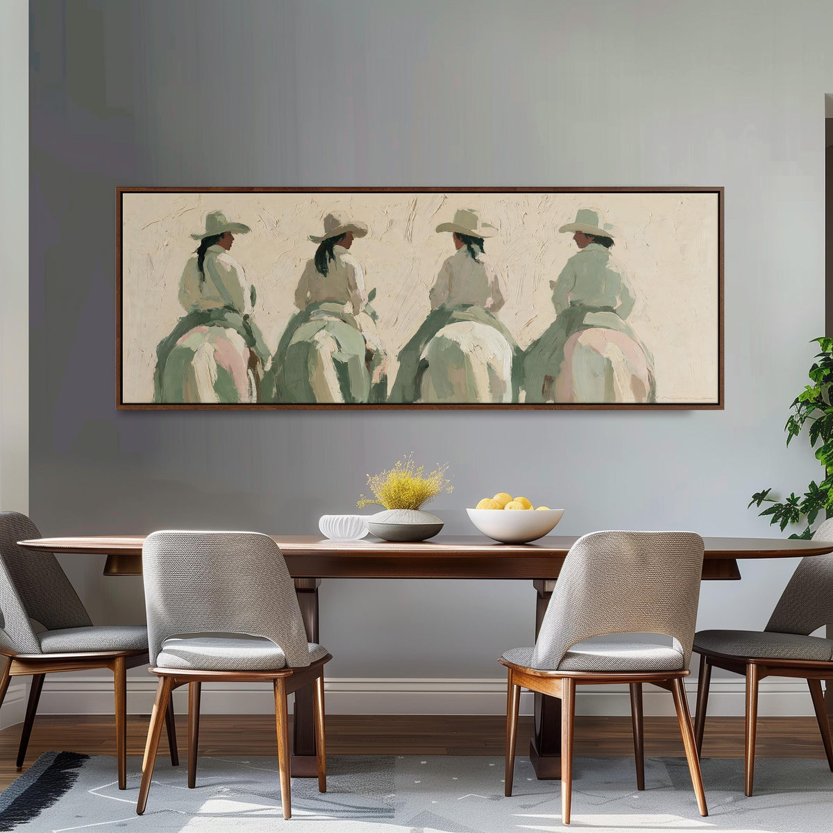 Cowgirl trail riders long horizontal canvas print above a dining table