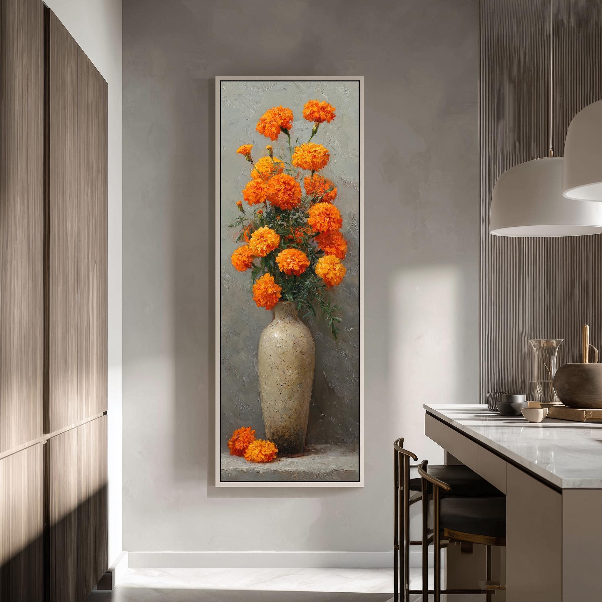 a large painting of a vase filled with orange flowers, hanging on a wall in a modern kitchen.