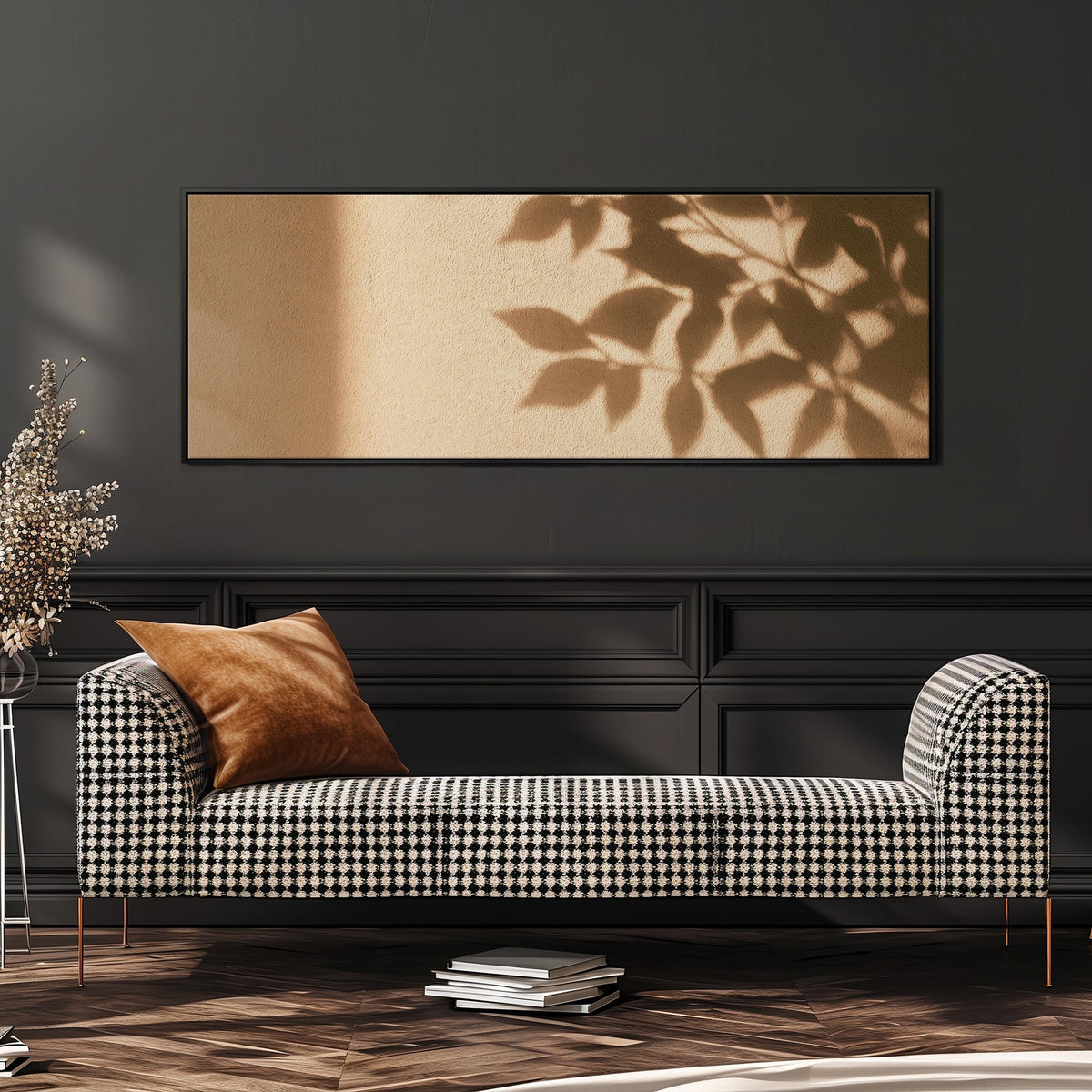 Leaf shadows on a golden plaster wall wide panoramic canvas print above a bench in a dark living room