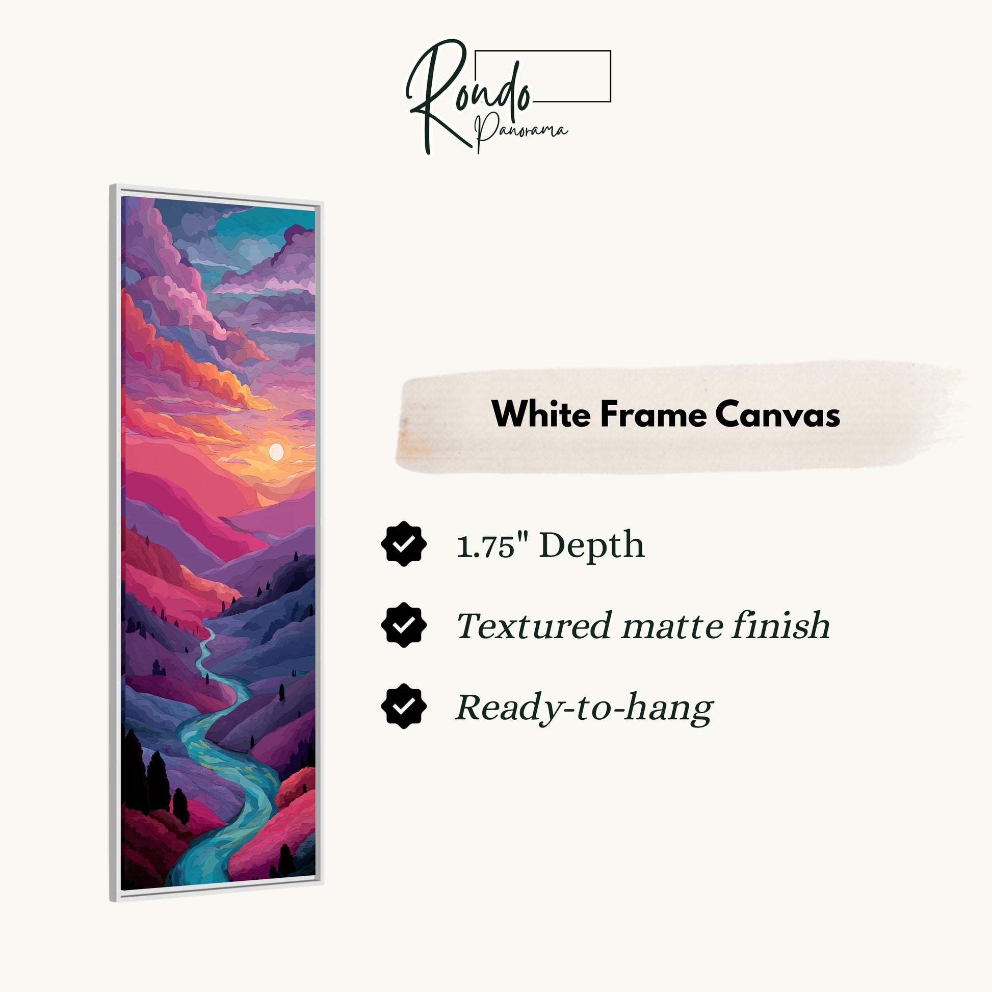 The image is a white frame canvas depicting a colorful landscape with a winding river and mountains.
