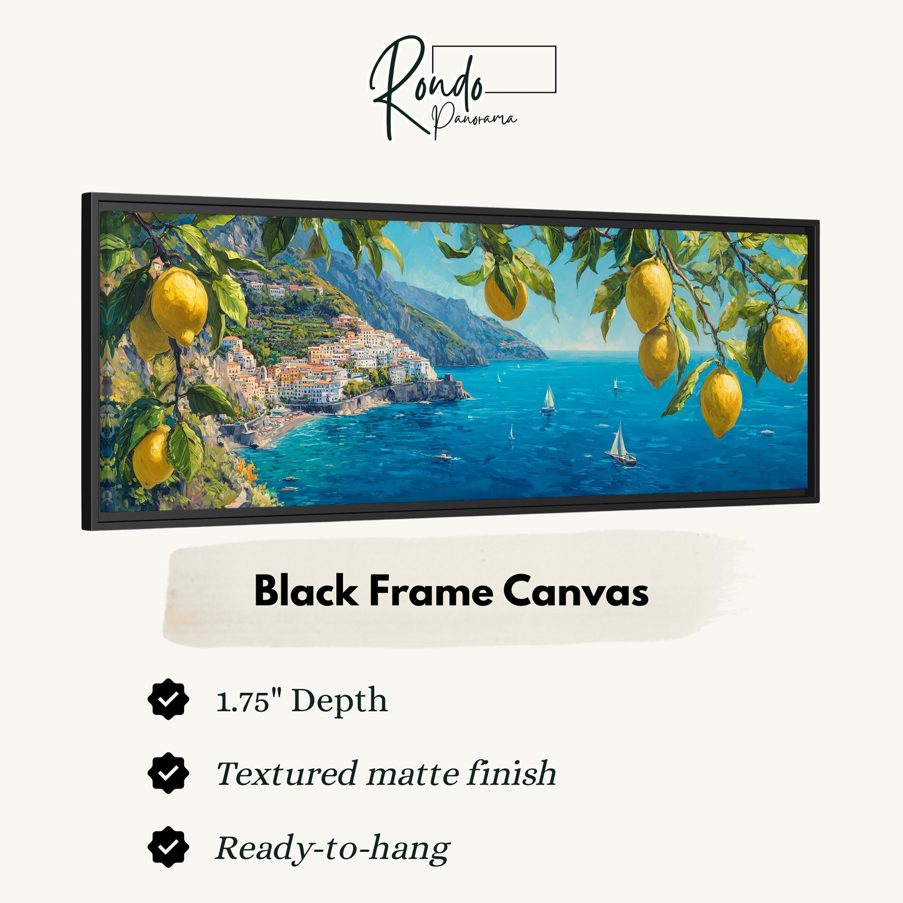 The image is a black frame canvas depicting a scenic coastal town with a blue sea, boats, and lemon trees.