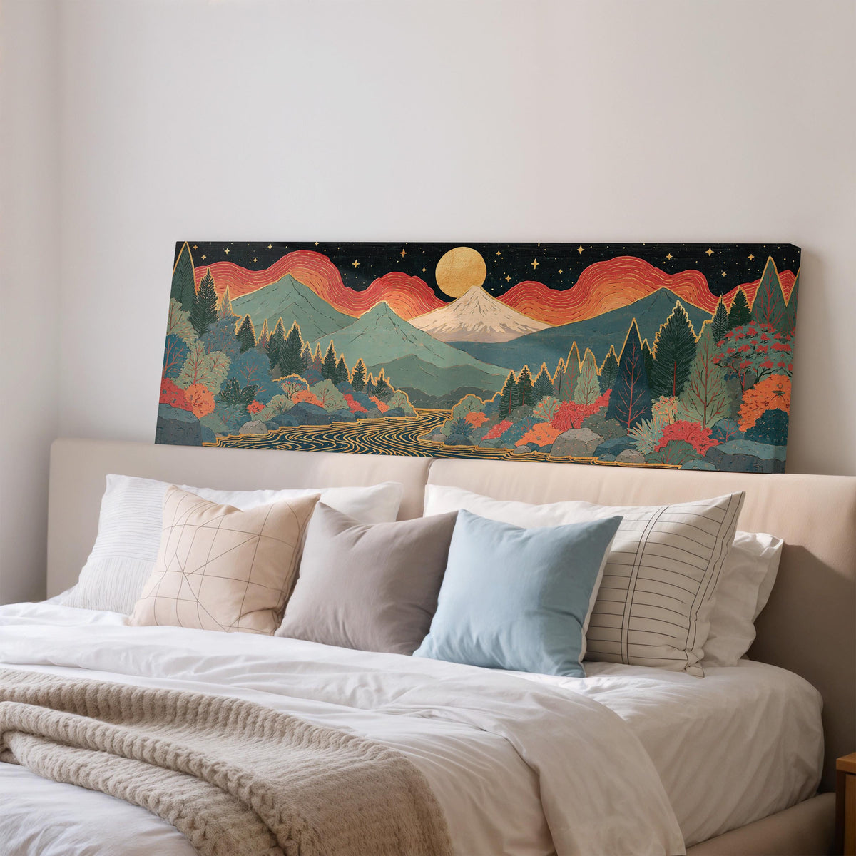 Mystic mountains under a moonrise wide panoramic canvas print above a bed in a bedroom