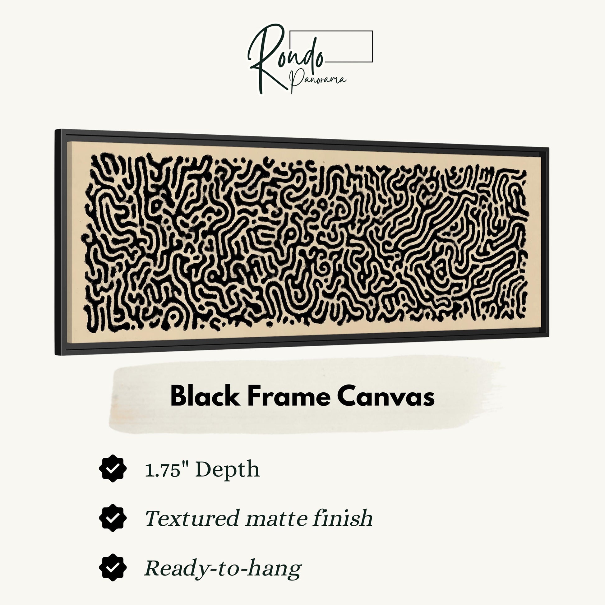 a black frame canvas with a detailed, abstract pattern in black and white.