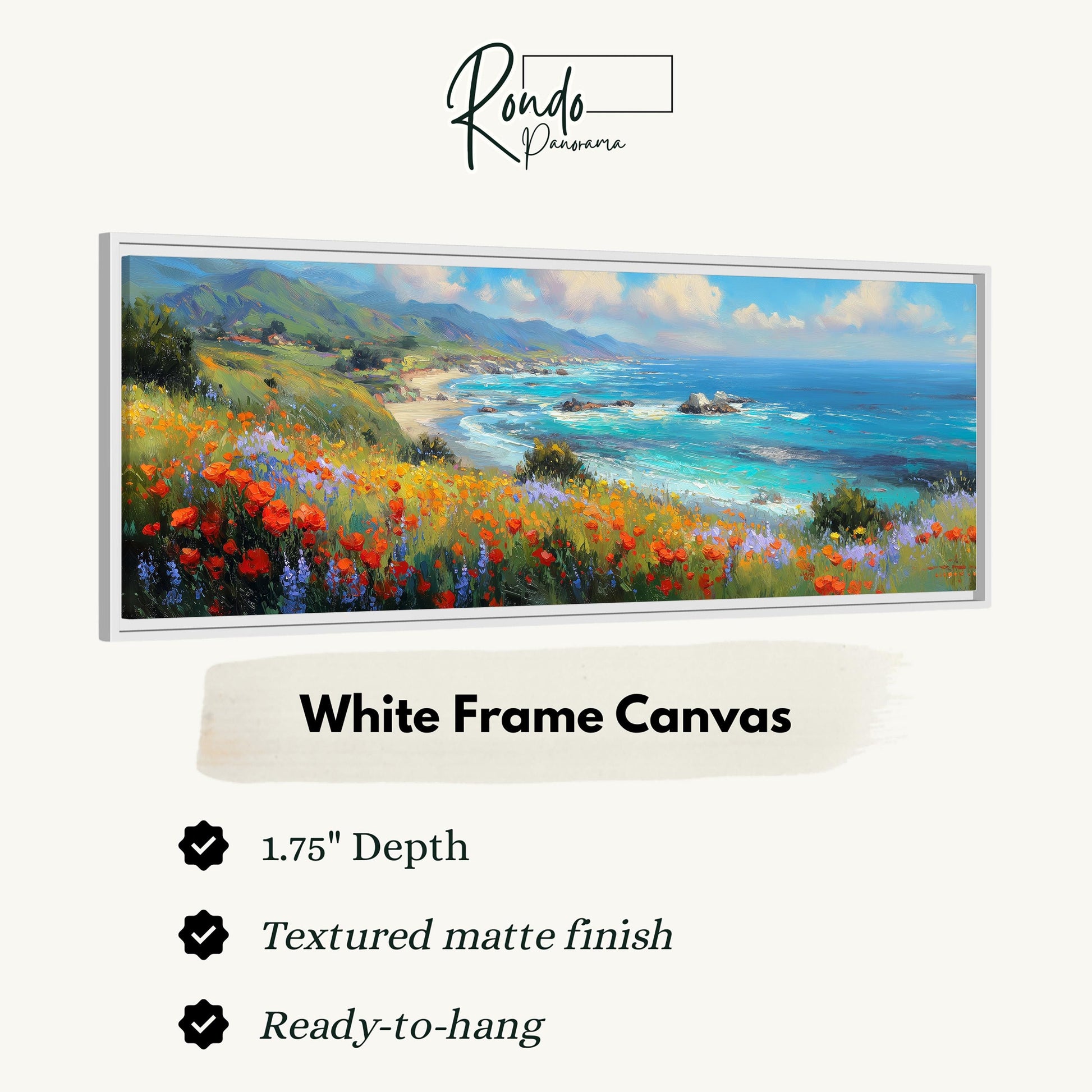 The image is a white frame canvas depicting a scenic landscape with a beach, mountains, and a body of water.