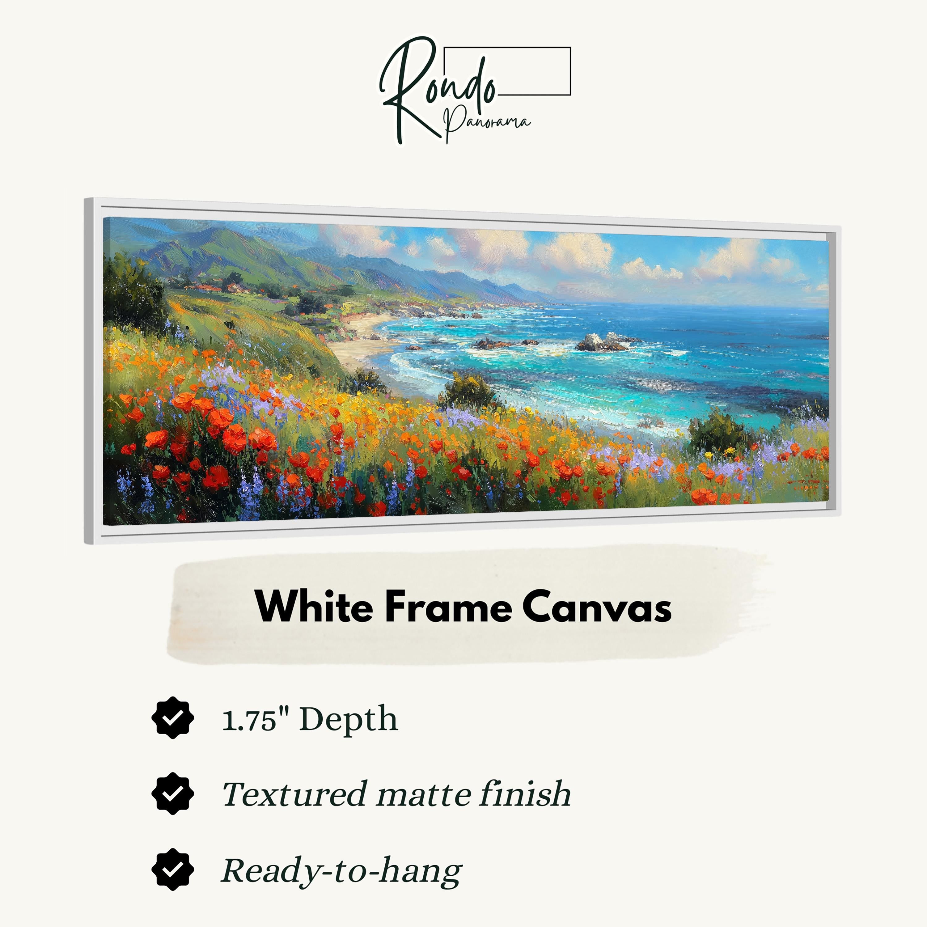 The image is a white frame canvas depicting a scenic landscape with a beach, mountains, and a body of water.