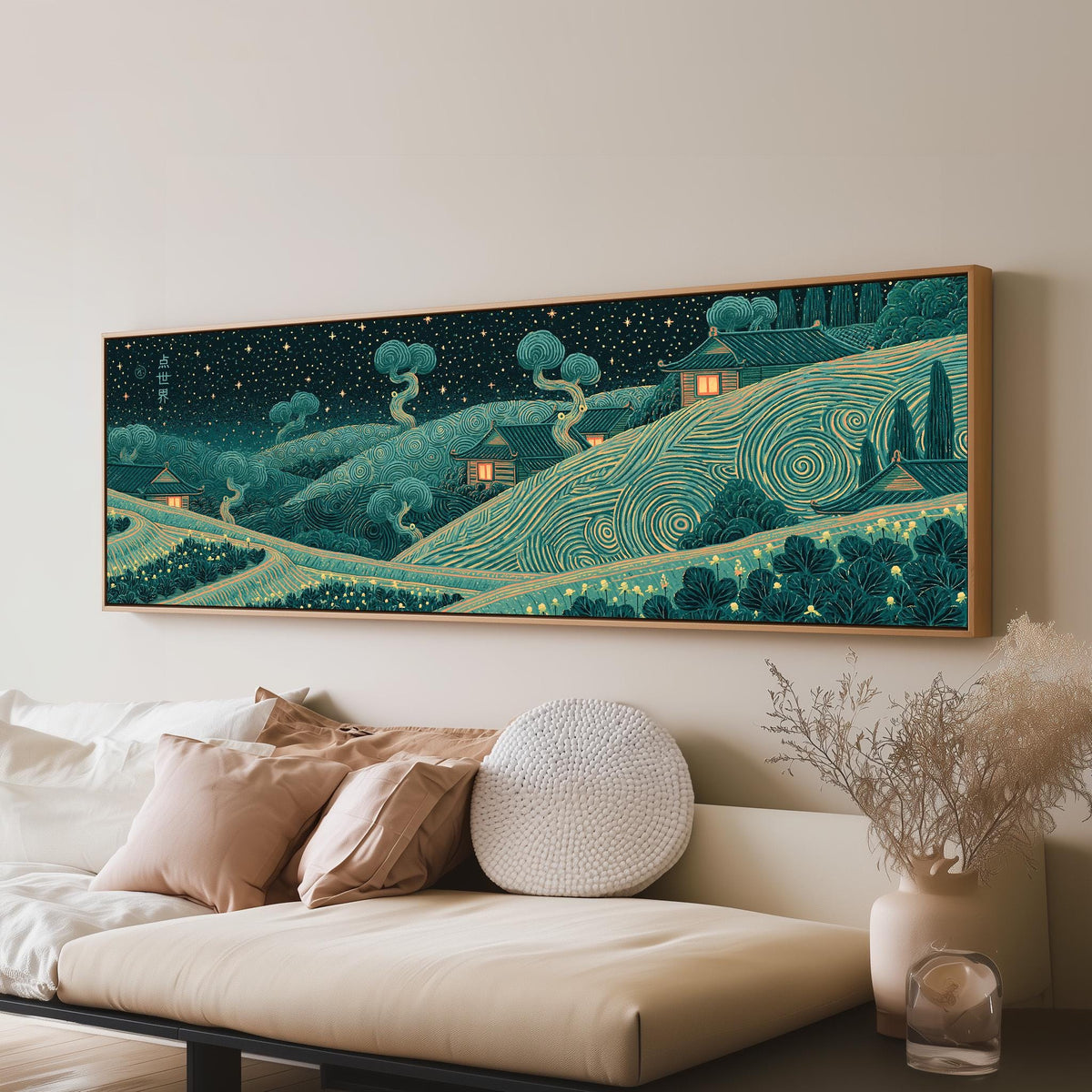 Village on swirling hills at night panoramic canvas print above a sofa in a living room