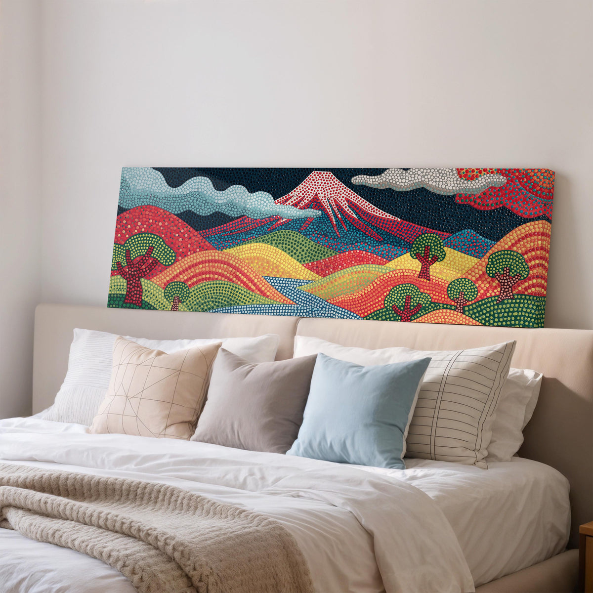 Mount Fuji above rainbow dotted hills wide panoramic canvas print above a bed in a bedroom