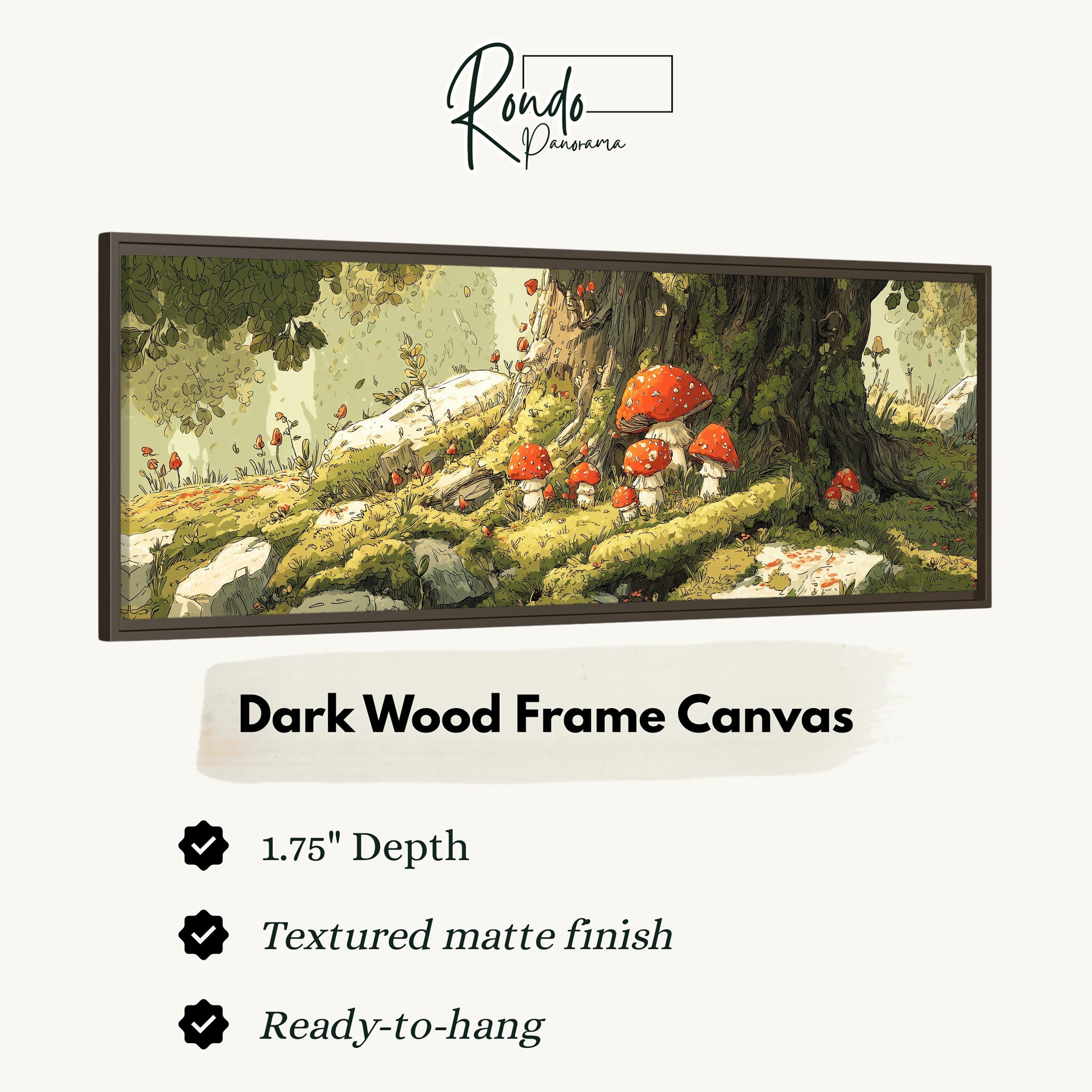 The image is a framed canvas depicting a forest scene with mushrooms and other natural elements.