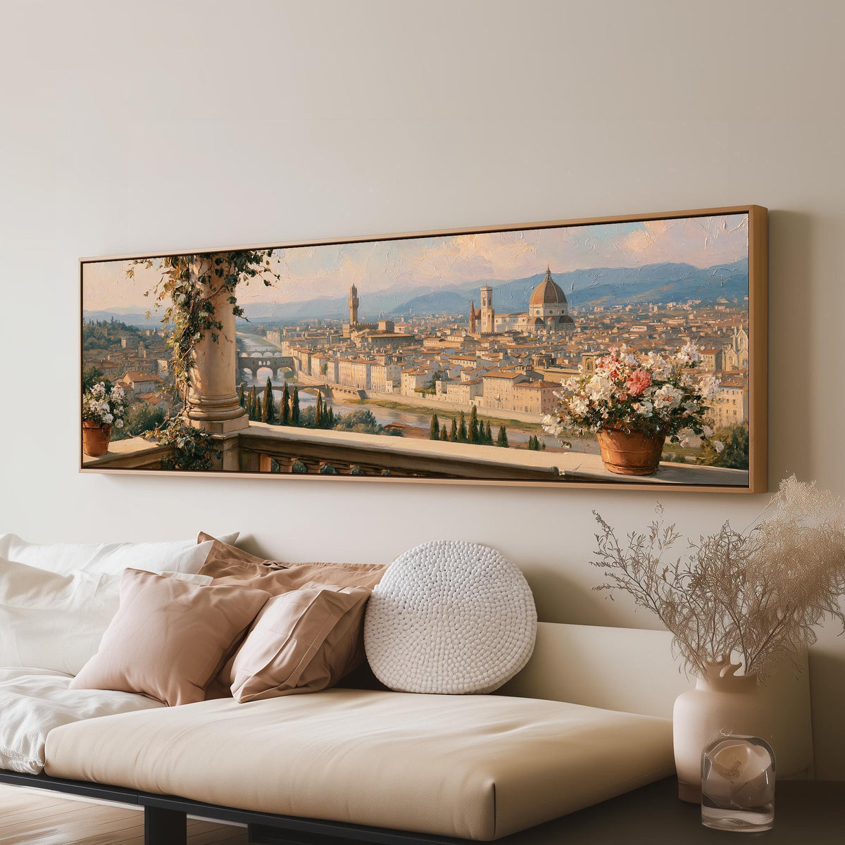 Florence skyline from a flowered balcony long horizontal canvas print above a sofa in a living room