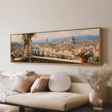 Florence skyline from a flowered balcony long horizontal canvas print above a sofa in a living room