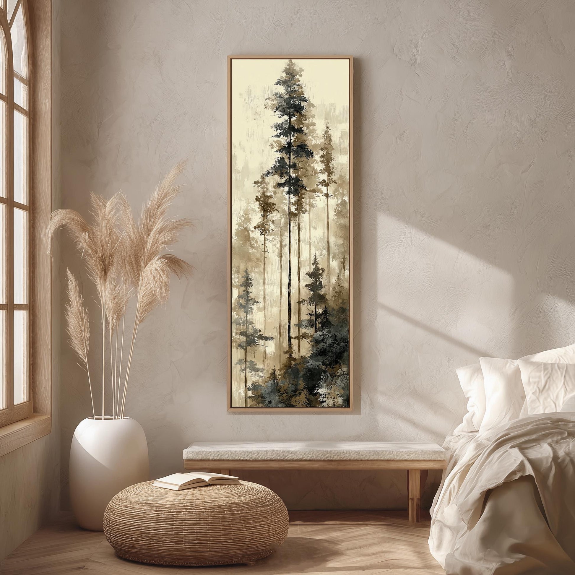 a serene bedroom scene with a large painting of a forest on the wall, a white bed with a white pillow, a white vase with tall potted plants, and a woven ottoman.