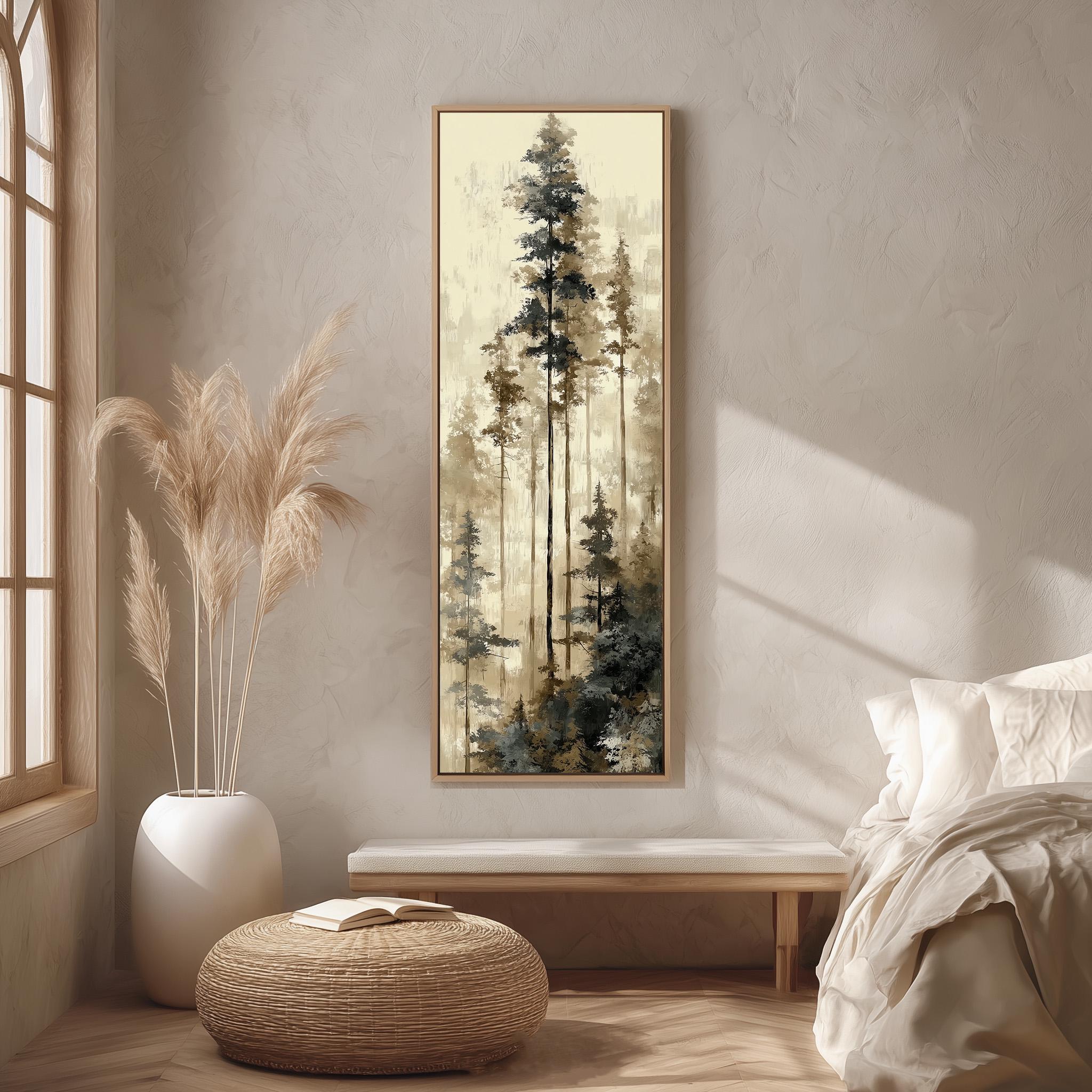 a serene bedroom scene with a large painting of a forest on the wall, a white bed with a white pillow, a white vase with tall potted plants, and a woven ottoman.