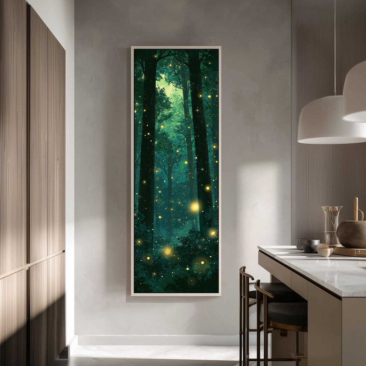 Fireflies glowing in a dark teal forest tall skinny canvas print in a modern kitchen