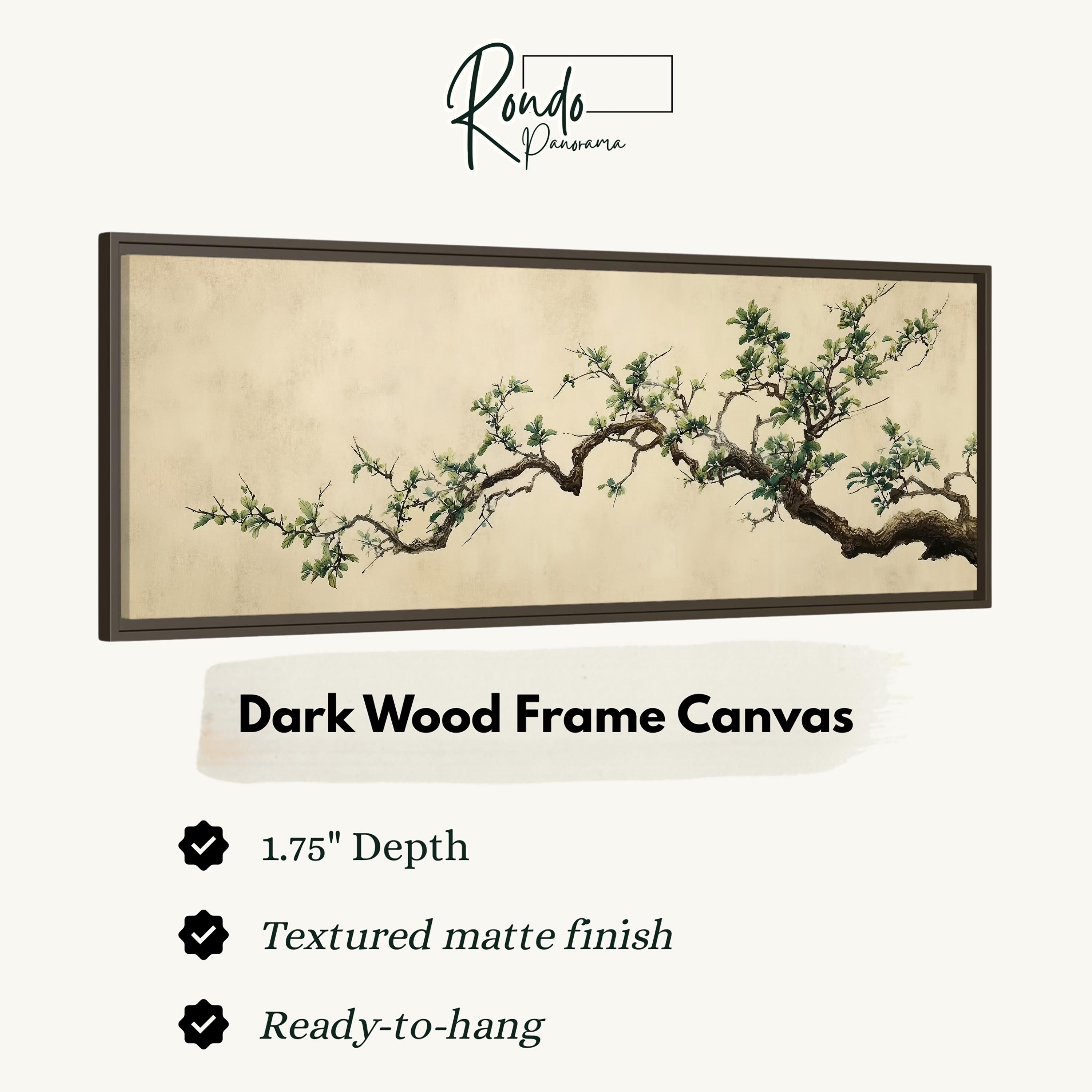 a dark wood frame canvas with a painting of a tree branch with green leaves.