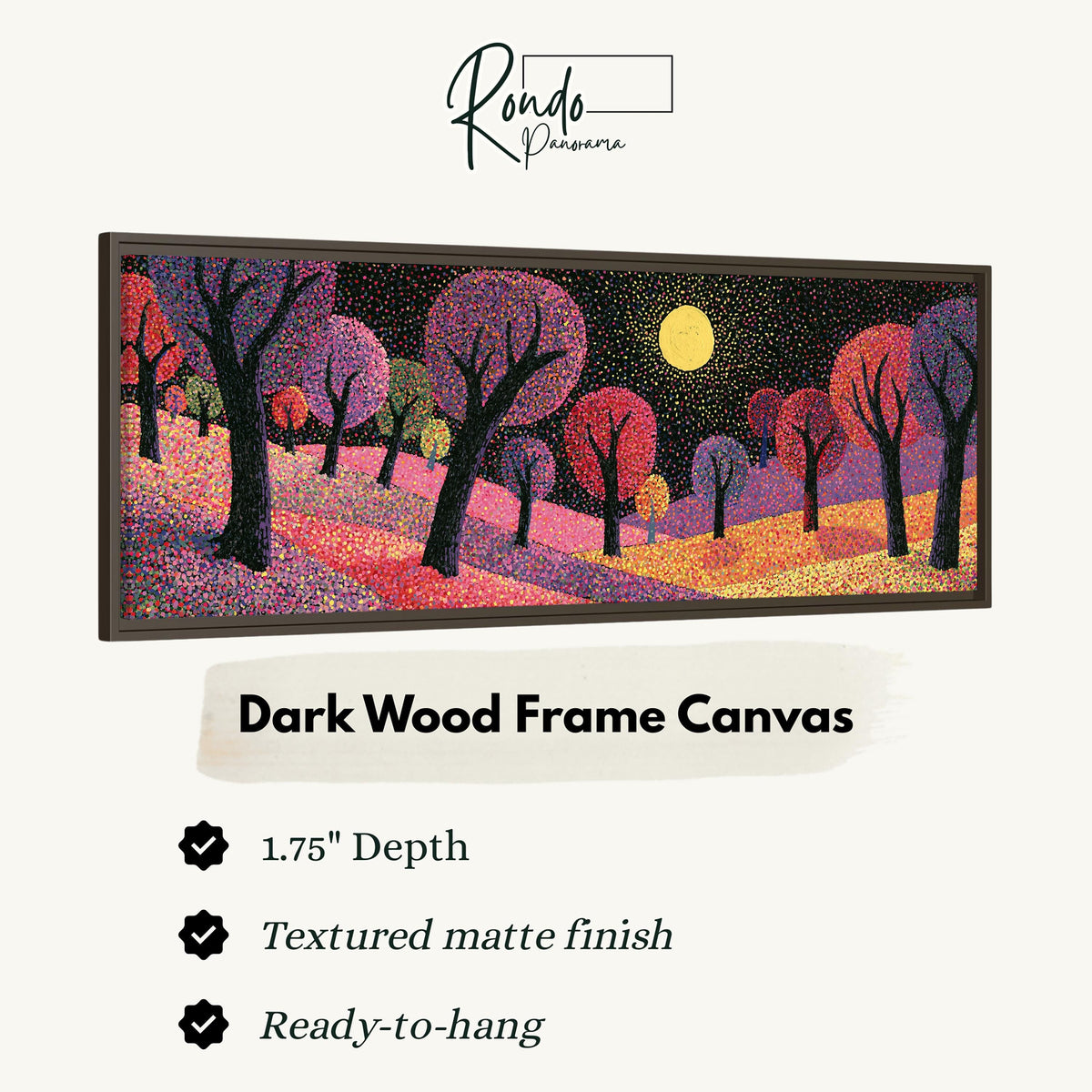 Purple dusk forest under the moon canvas print in a dark wood floating frame