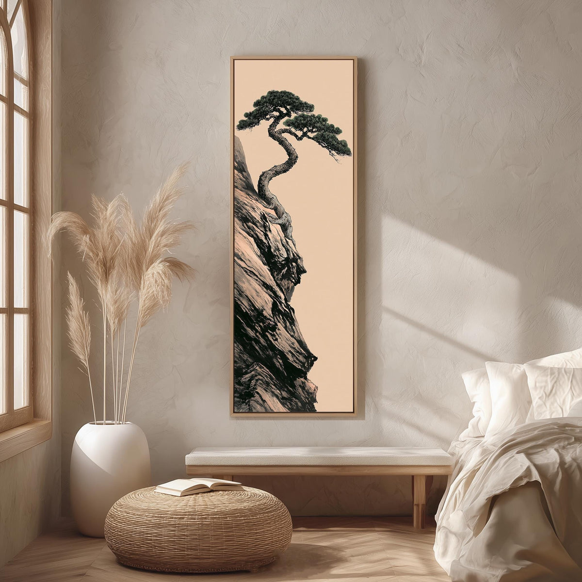 Pine tree growing from a cliff on blush long vertical canvas print in a bright reading corner