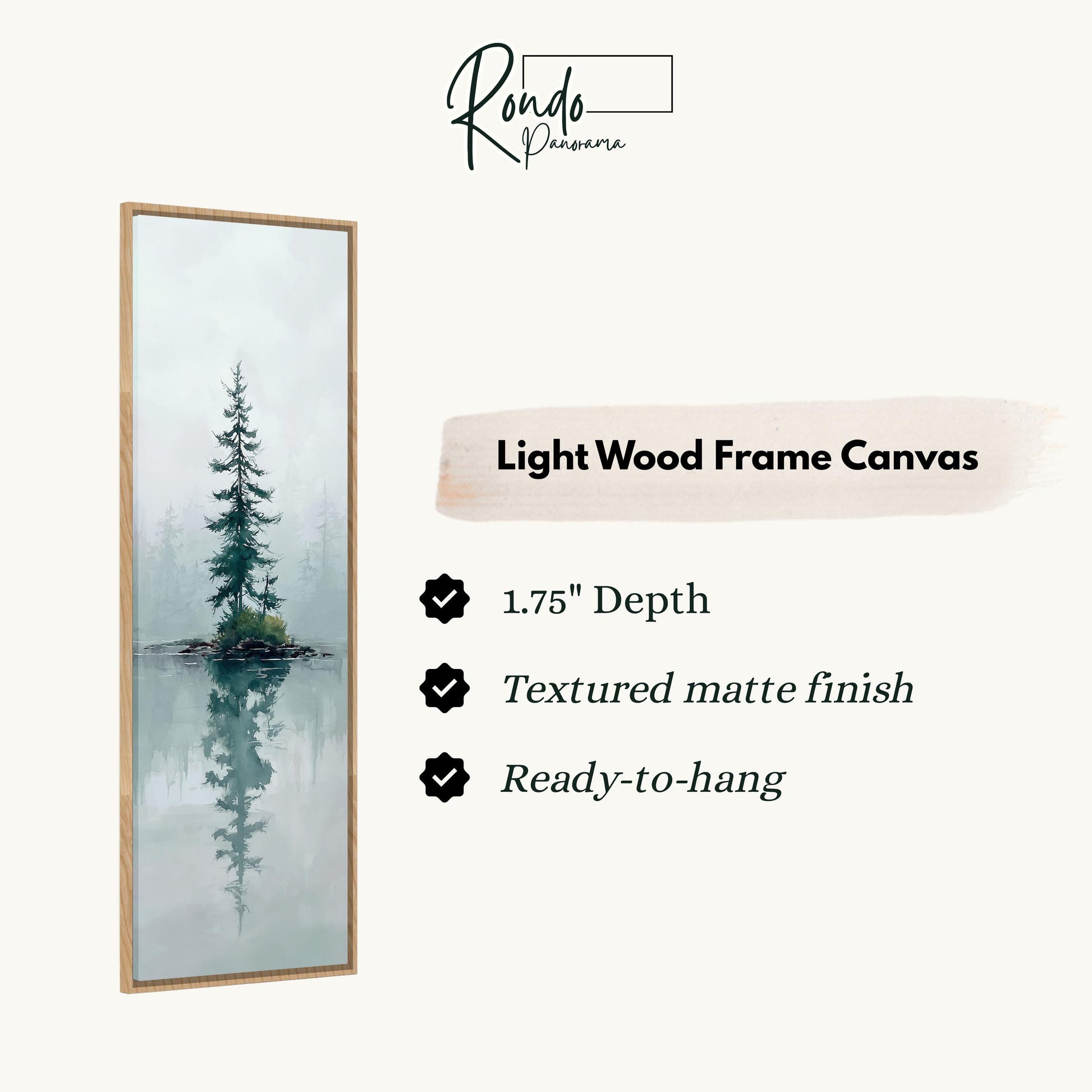 The image is a light wood frame canvas depicting a forest scene with a tall tree reflected in the water below.