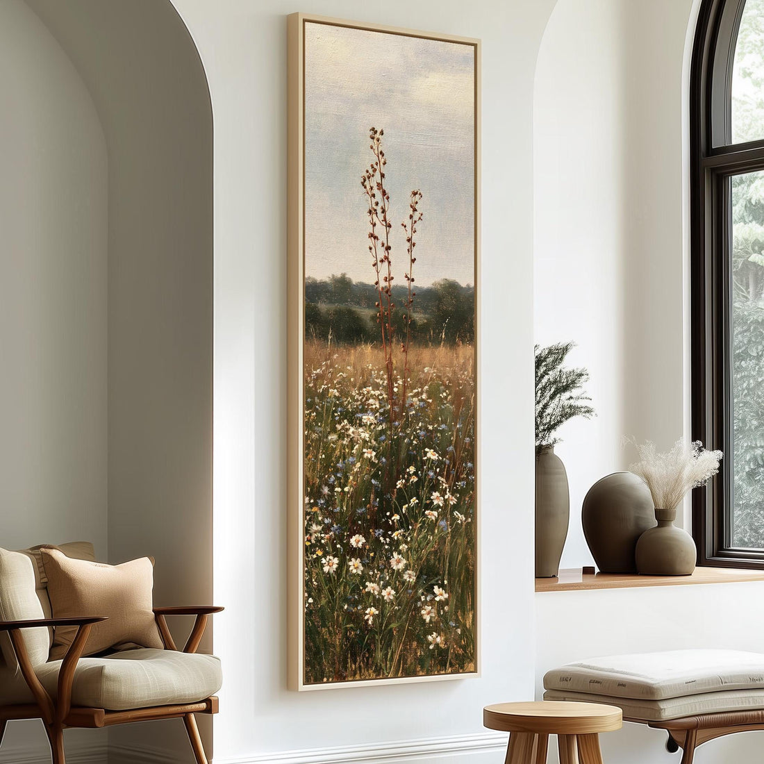 Tall seed pod stalk above a daisy meadow long vertical canvas print in a sunlit living space