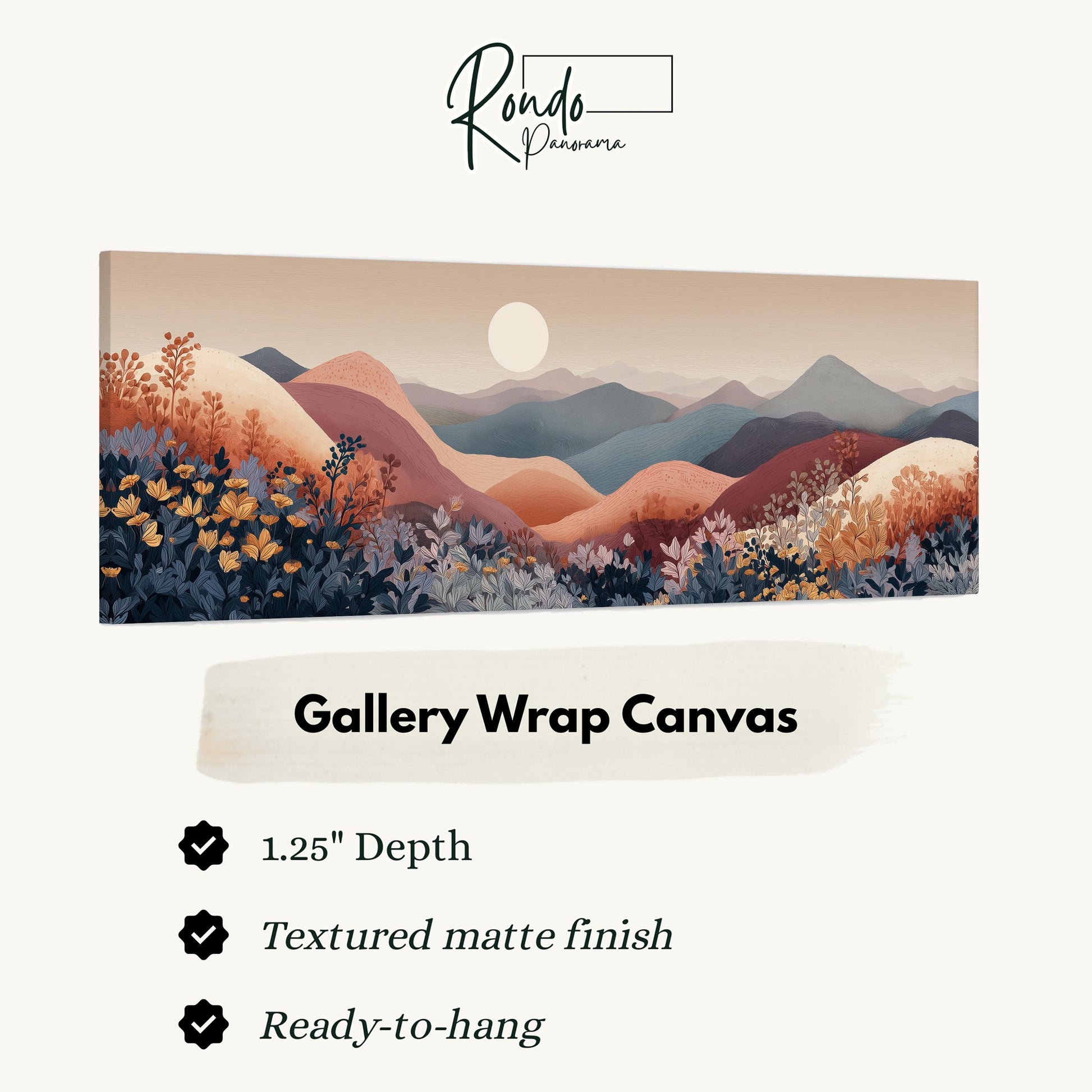 The image is a gallery wrap canvas featuring a landscape with mountains, flowers, and a full moon.