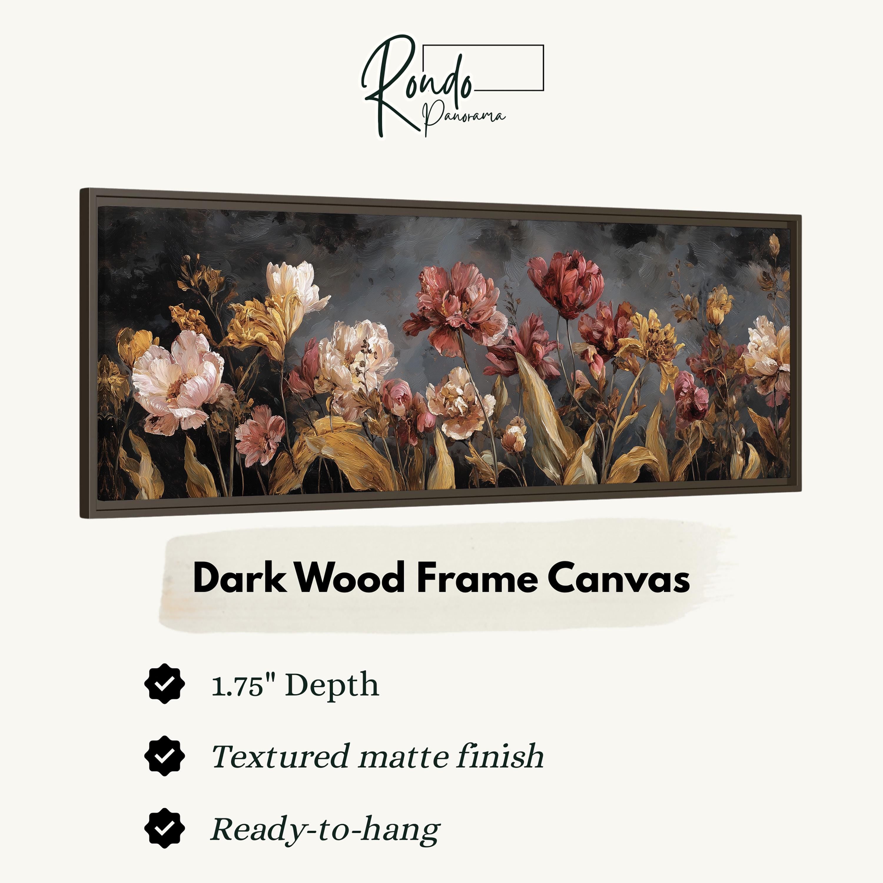 The image is a framed artwork depicting a field of flowers, specifically tulips, with a dark wood frame.
