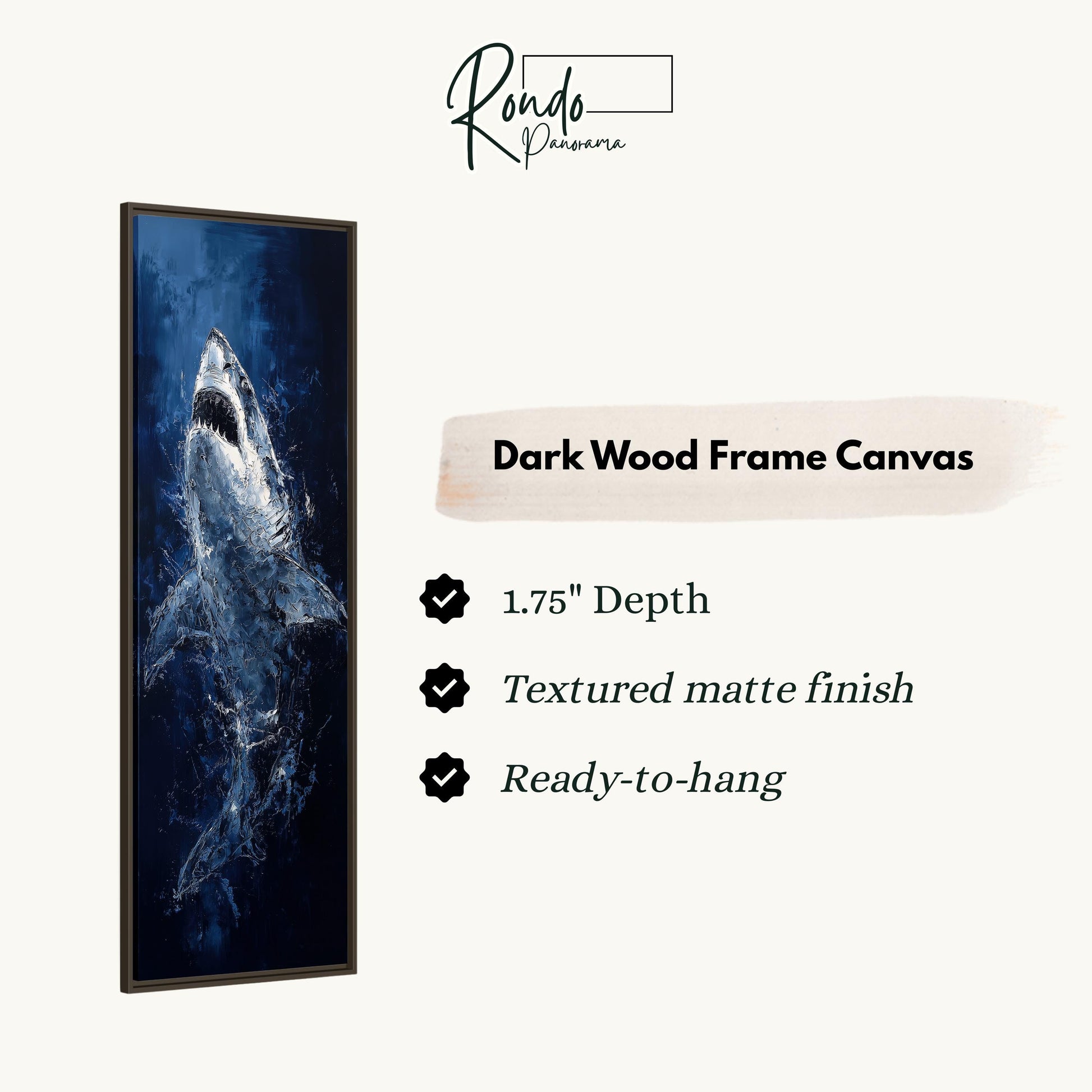 a dark wood frame canvas depicting a shark in a blue and black underwater scene.