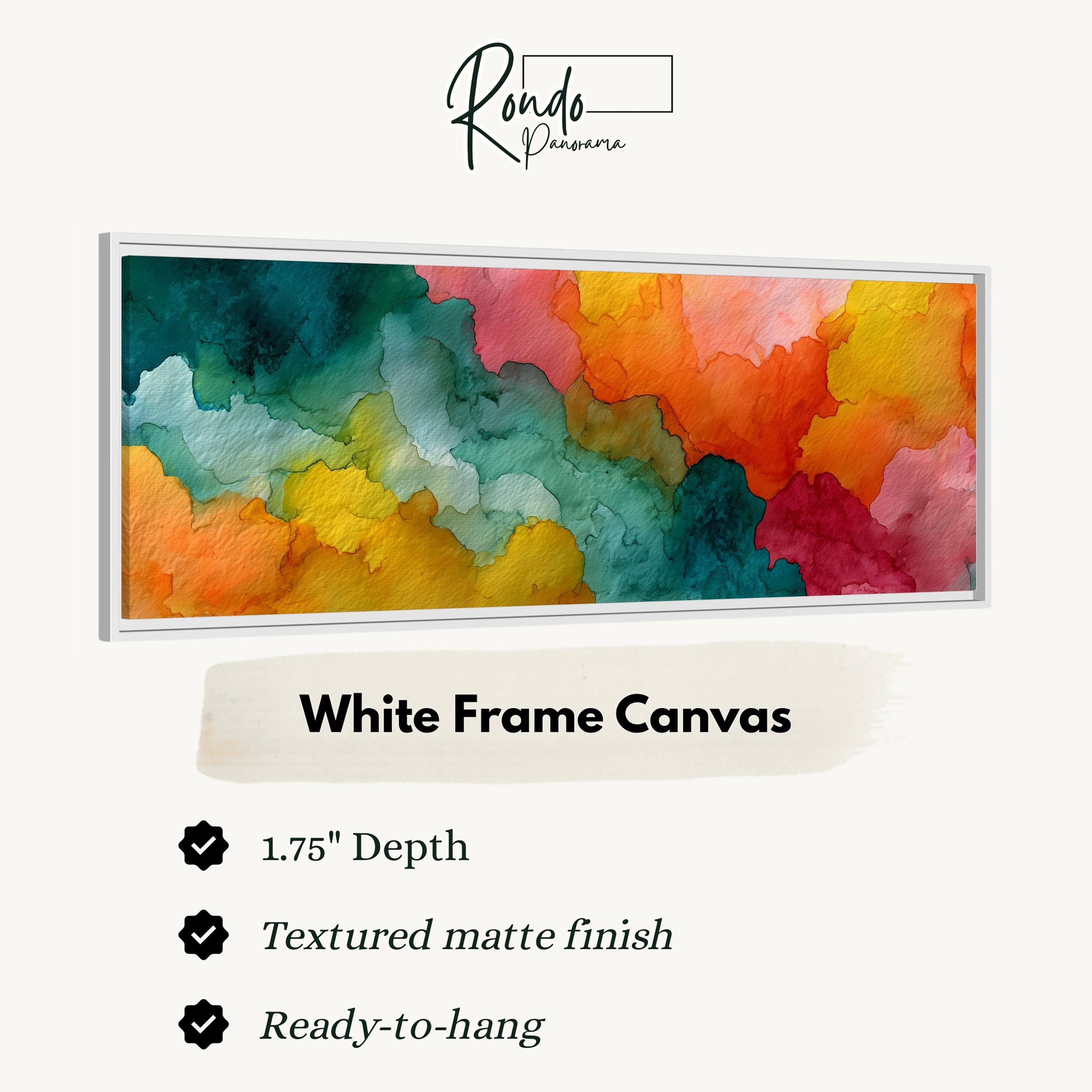 The image is a framed artwork with a vibrant abstract painting in a white frame. The artwork has a 1.75" depth and is textured with a matte finish. It is ready to hang and is described as a "White Frame Canvas".