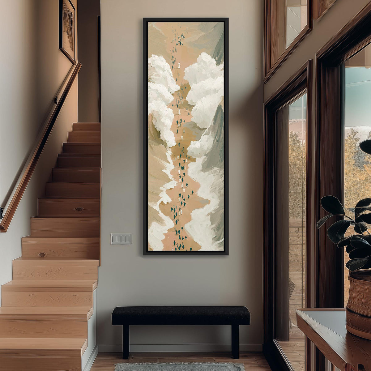 Israelites crossing the parted sea tall narrow canvas print beside a staircase in an entryway