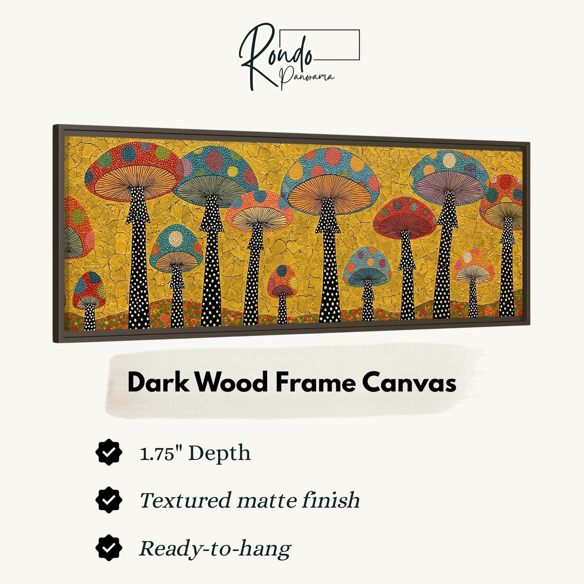 Polka dot mushrooms on gold canvas print in a dark wood floating frame
