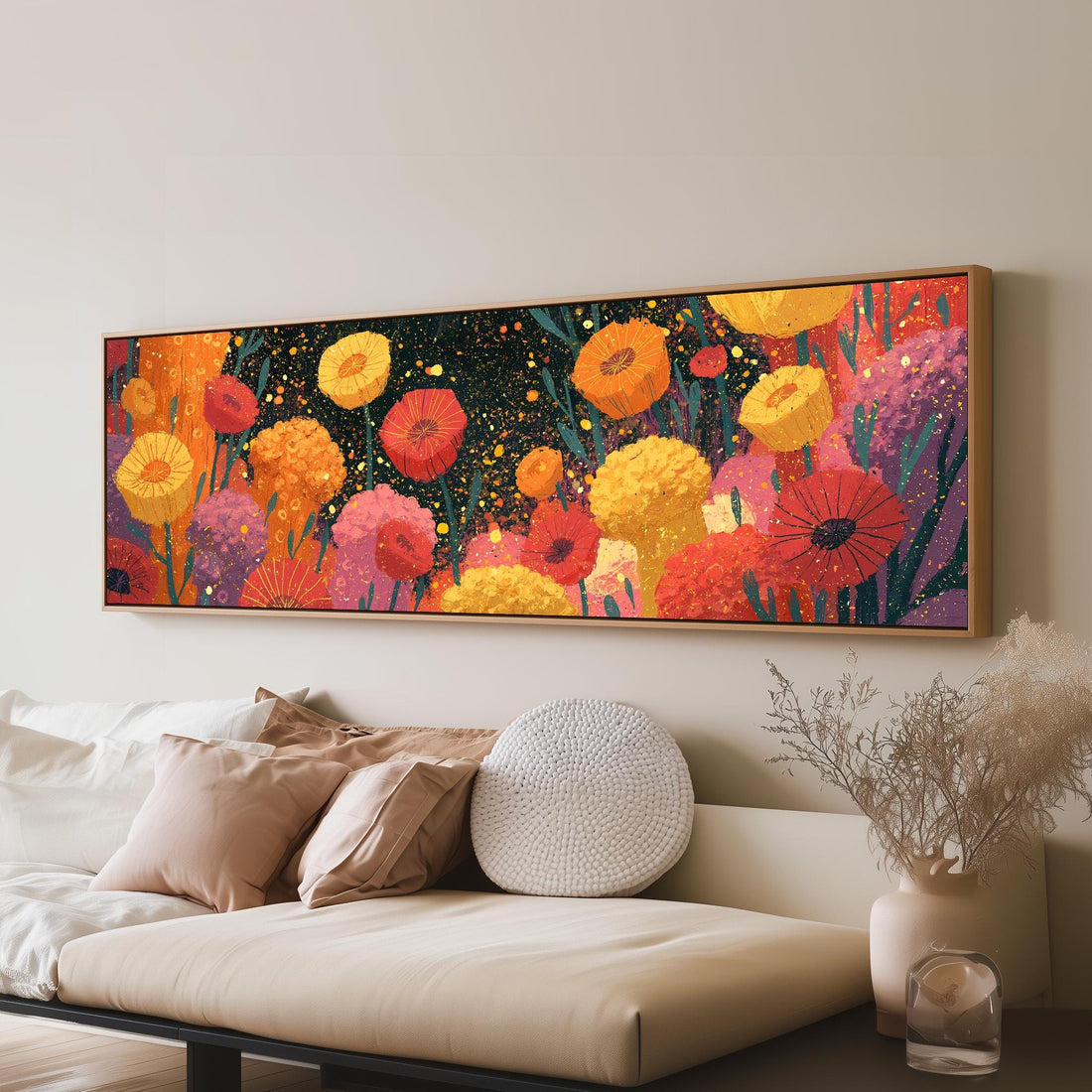 Confetti poppy field long horizontal canvas print above a sofa in a living room