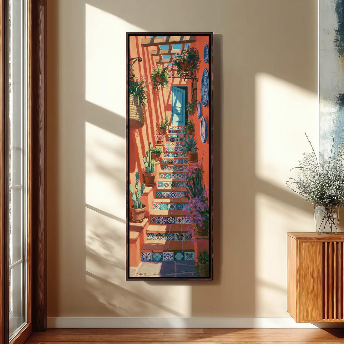 Colorful tiled staircase in a courtyard long vertical canvas print in a sunlit living space