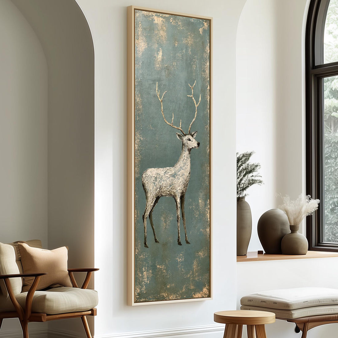 Pale stag with gold antlers on distressed teal long vertical canvas print in a sunlit living space