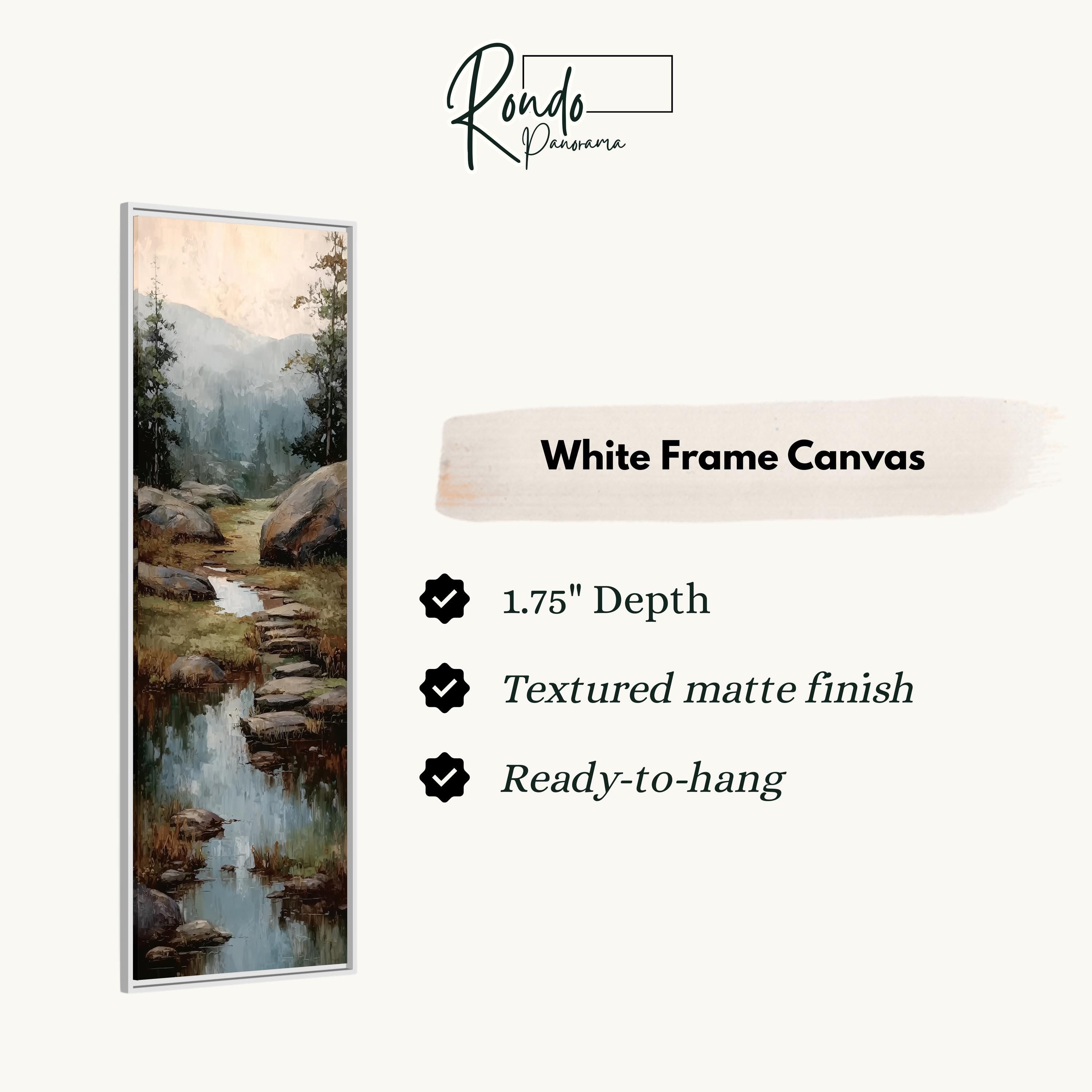 The image is a white frame canvas depicting a serene landscape with a stream and mountains in the background.