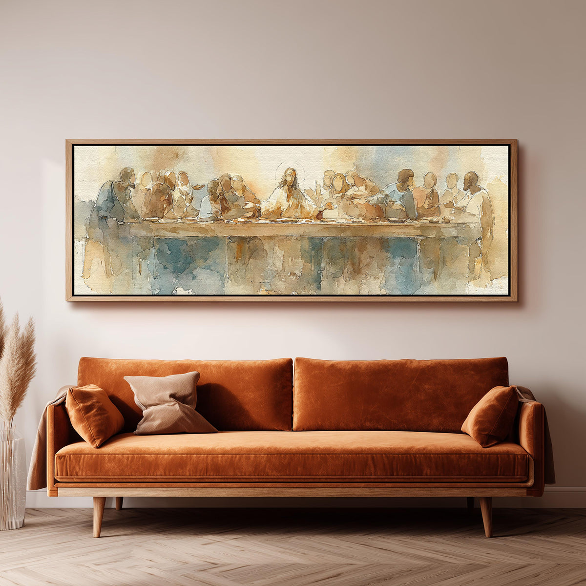 The Last Supper in watercolor long horizontal canvas print displayed on a wall