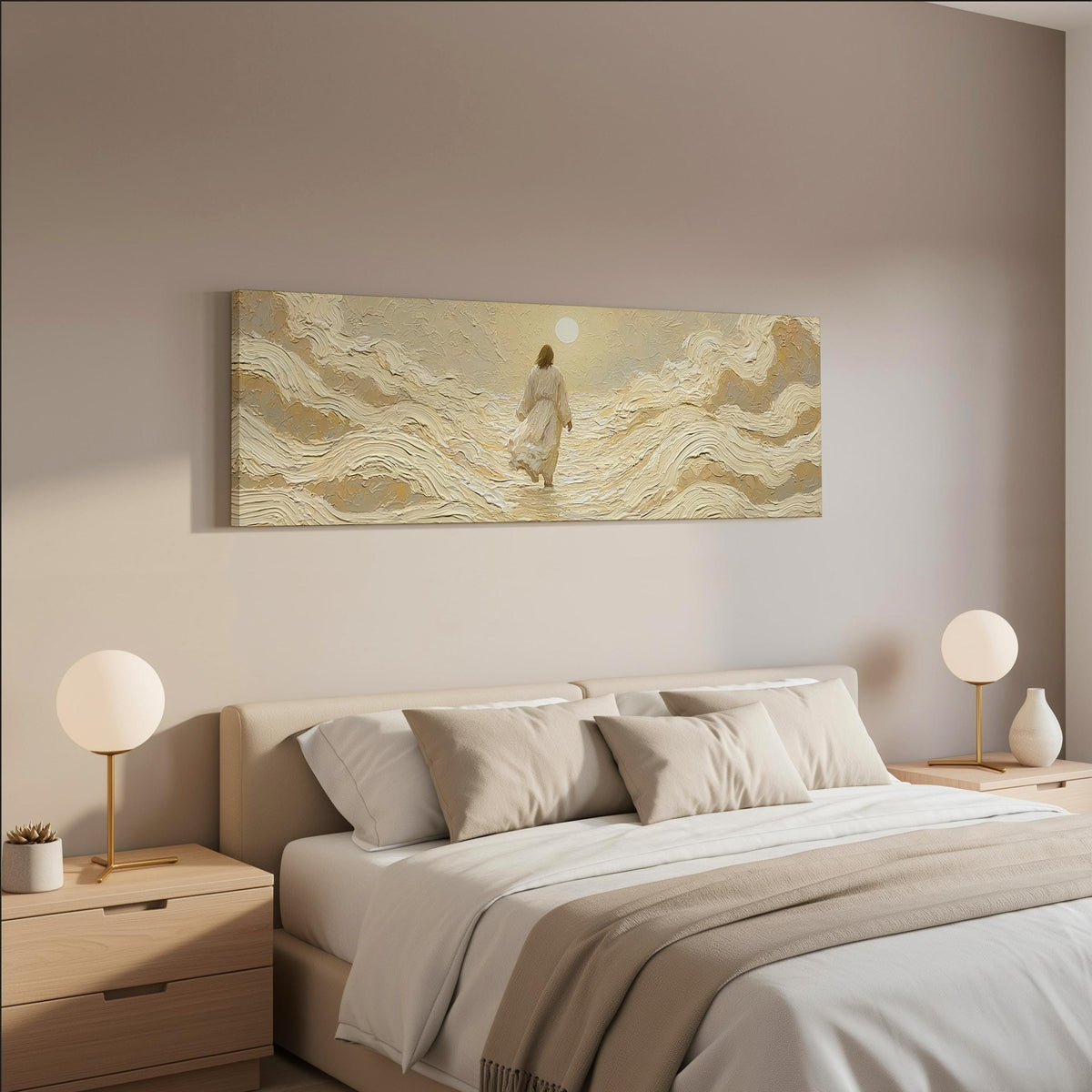 Jesus walking on golden waves wide panoramic canvas print above a bed in a neutral bedroom