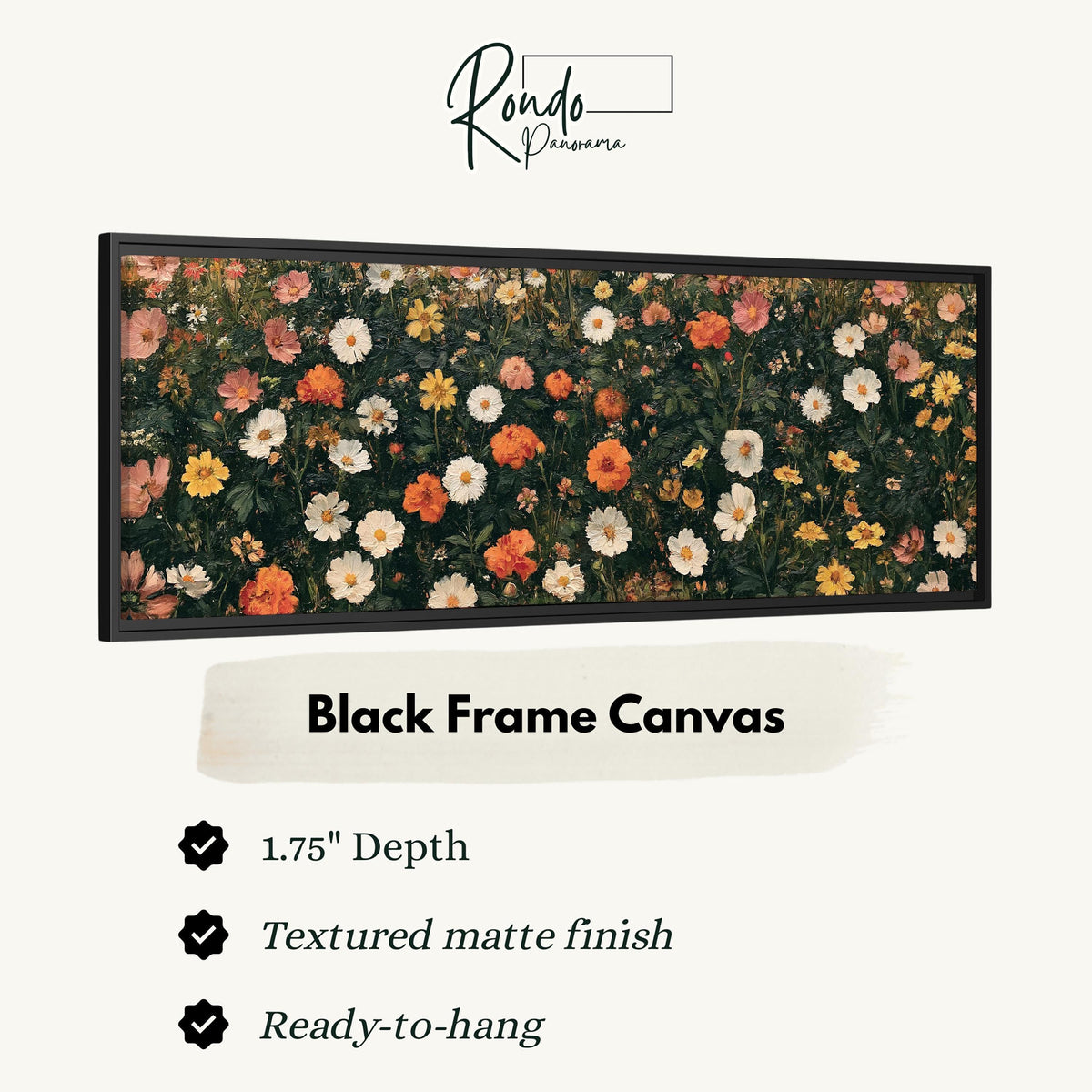 Blooming floral tapestry on dark green canvas print in a black floating frame