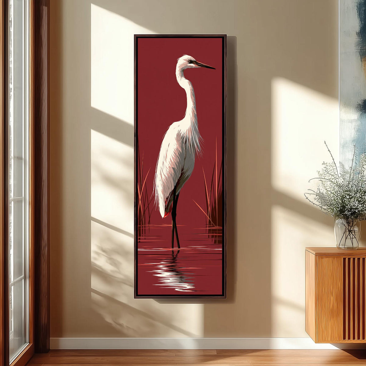White egret wading on crimson red tall narrow canvas print beside a staircase in an entryway