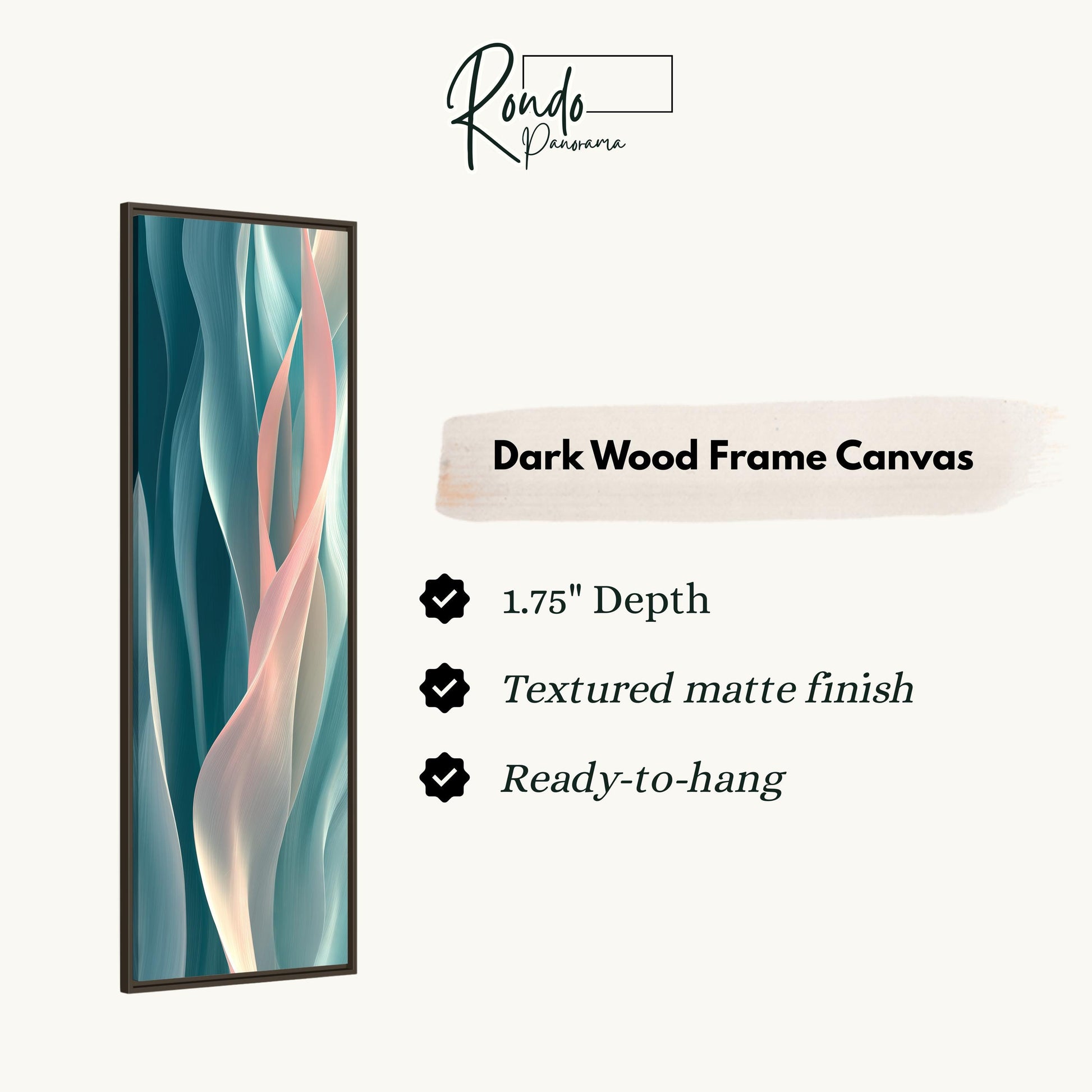 The image is a product description for a dark wood frame canvas. It features a close-up of a colorful abstract design, with a focus on the frame and the canvas itself. The text highlights the dimensions, finish, and hanging capabilities of the product.