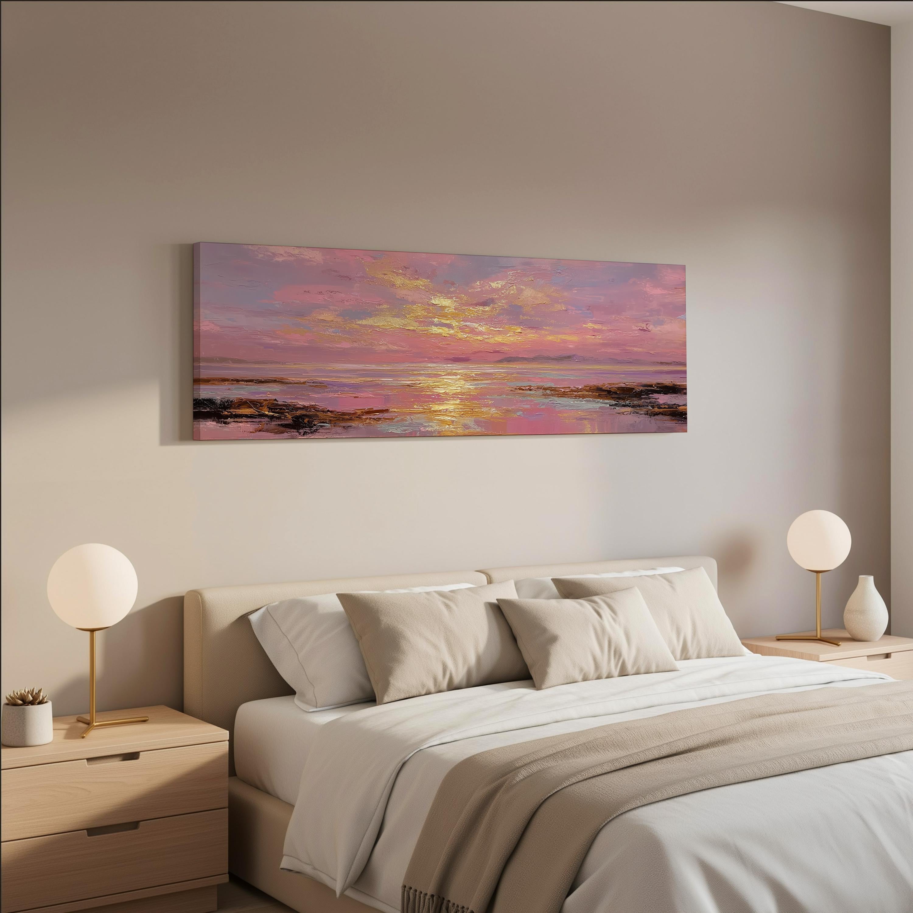 a serene bedroom scene with a large bed adorned with white linens and beige pillows. Above the bed, a large painting of a sunset landscape is displayed on the wall, creating a calming and peaceful atmosphere.